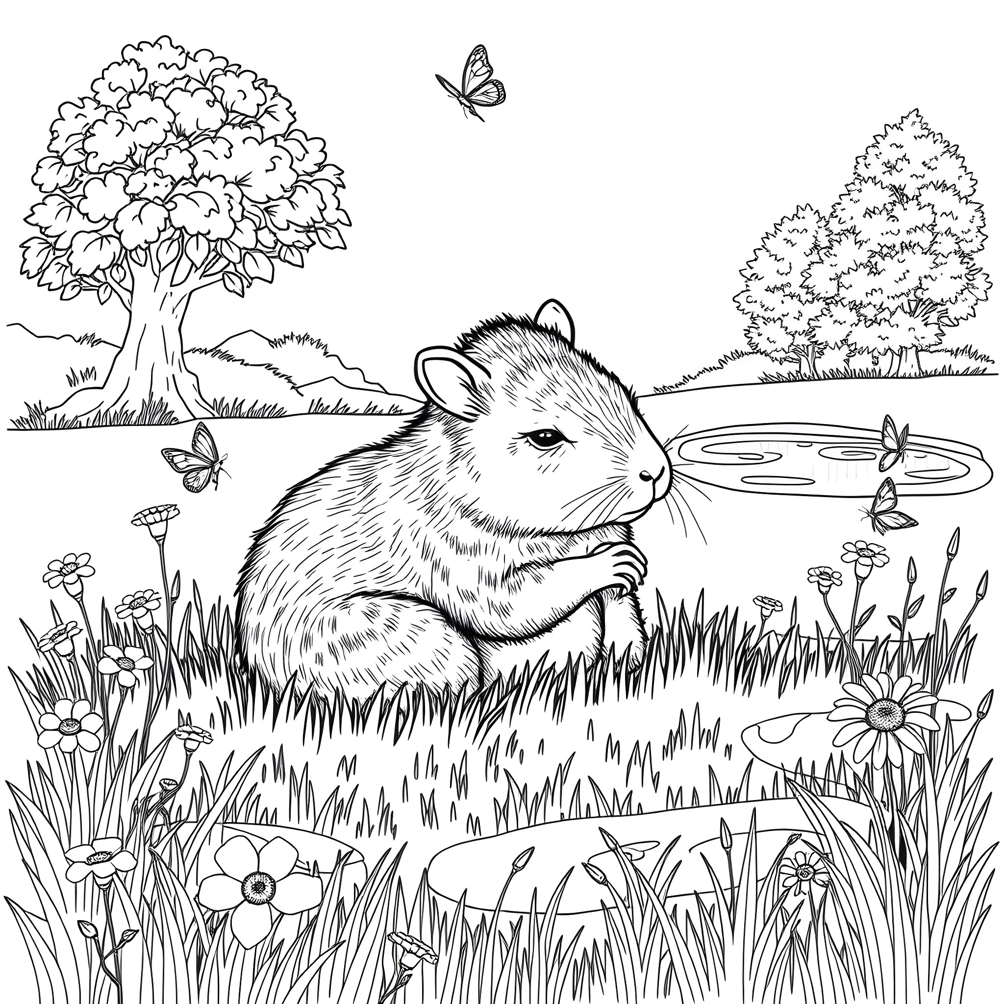 Capybara enjoying a peaceful day in the meadow Coloring Page (free black-and-white line drawing printable PDF for all, from beginners to advanced learners, including children, teens, adults, and seniors)