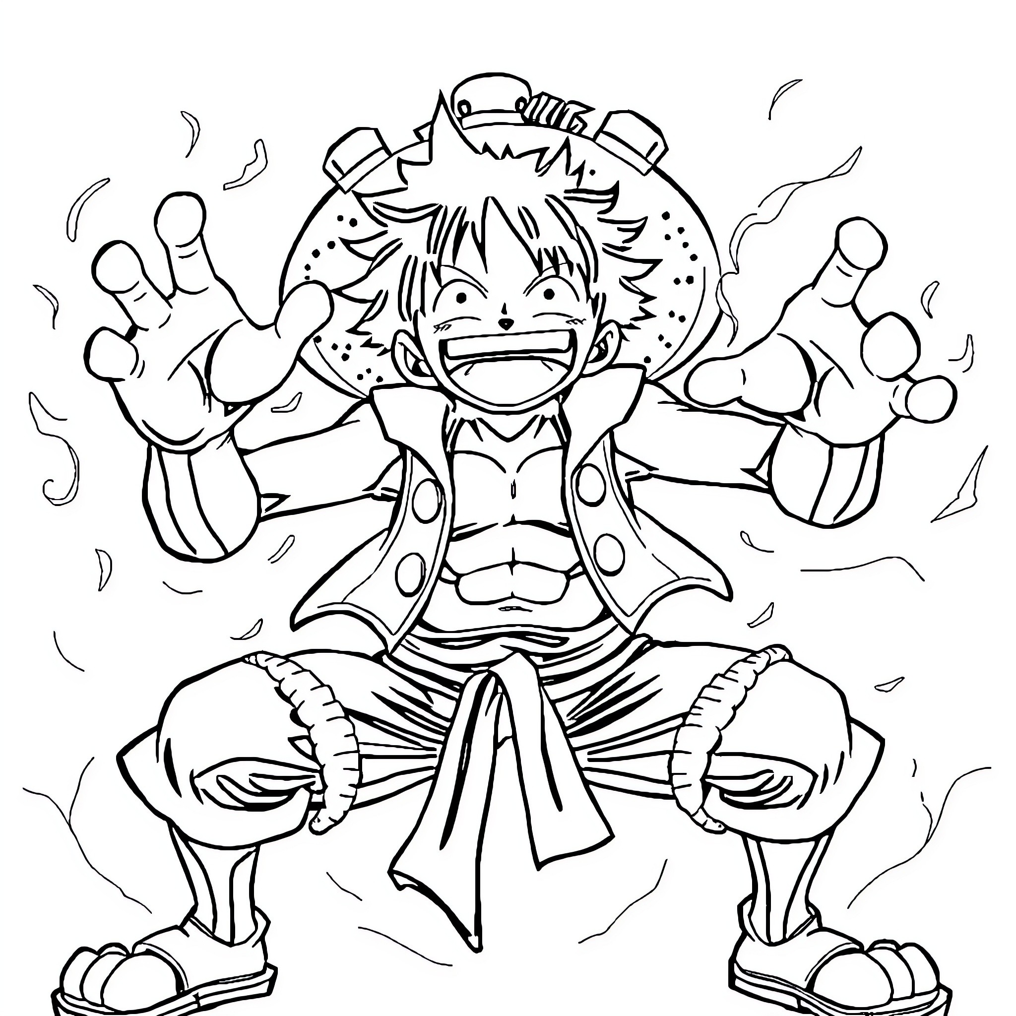 Luffy's Energetic Anime Adventure Coloring Page (free black-and-white line drawing printable PDF for all, from beginners to advanced learners, including children, teens, adults, and seniors)