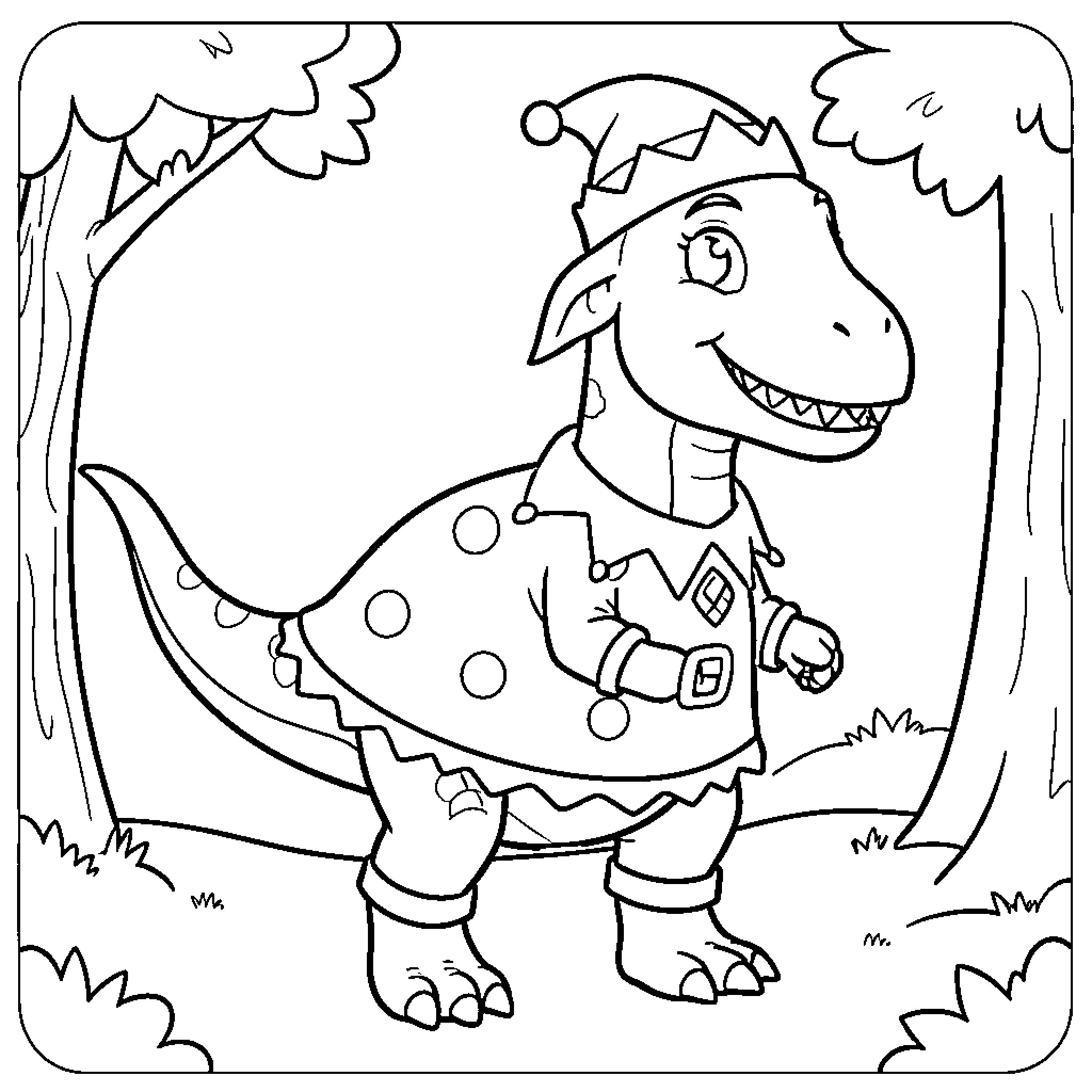 Dinosaur wearing a hat and outfit in the forest Coloring Page (free black-and-white line drawing printable PDF for all, from beginners to advanced learners, including children, teens, adults, and seniors)