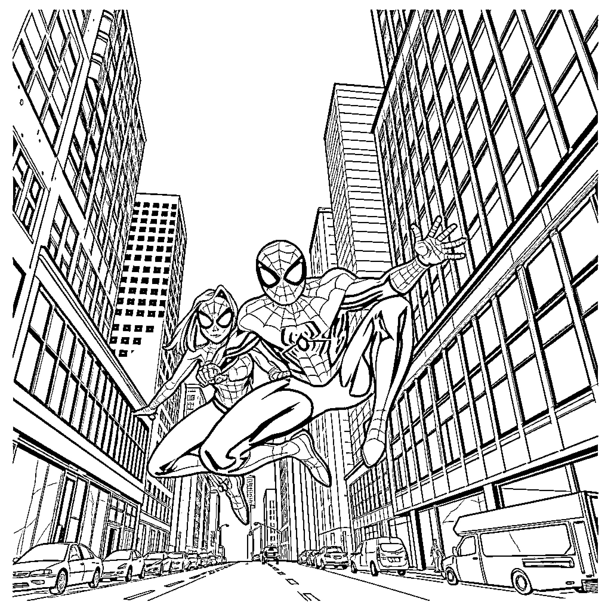 Spider-Men swinging through city skyscrapers Coloring Page (free black-and-white line drawing printable PDF for all, from beginners to advanced learners, including children, teens, adults, and seniors)