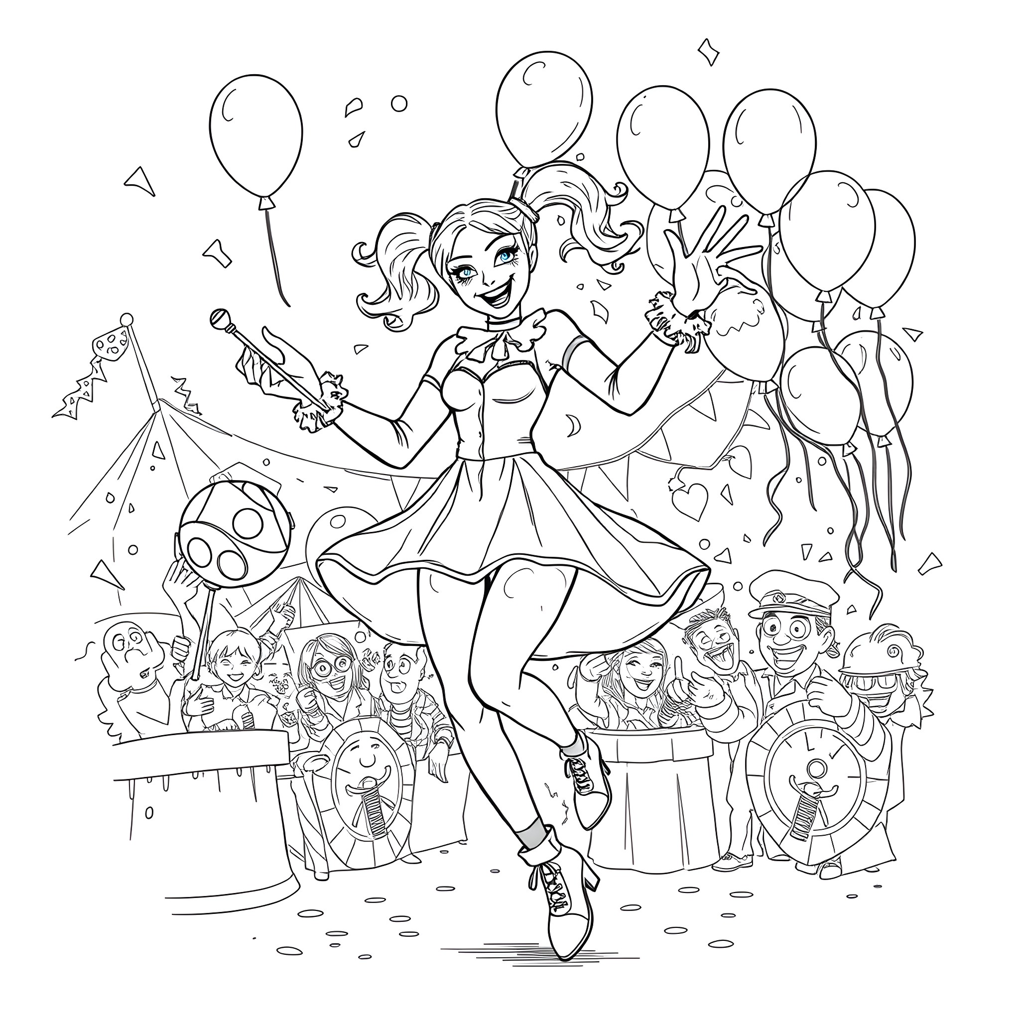 Harley Quinn's Jubilant Carnival Celebration Coloring Page (free black-and-white line drawing printable PDF for all, from beginners to advanced learners, including children, teens, adults, and seniors)