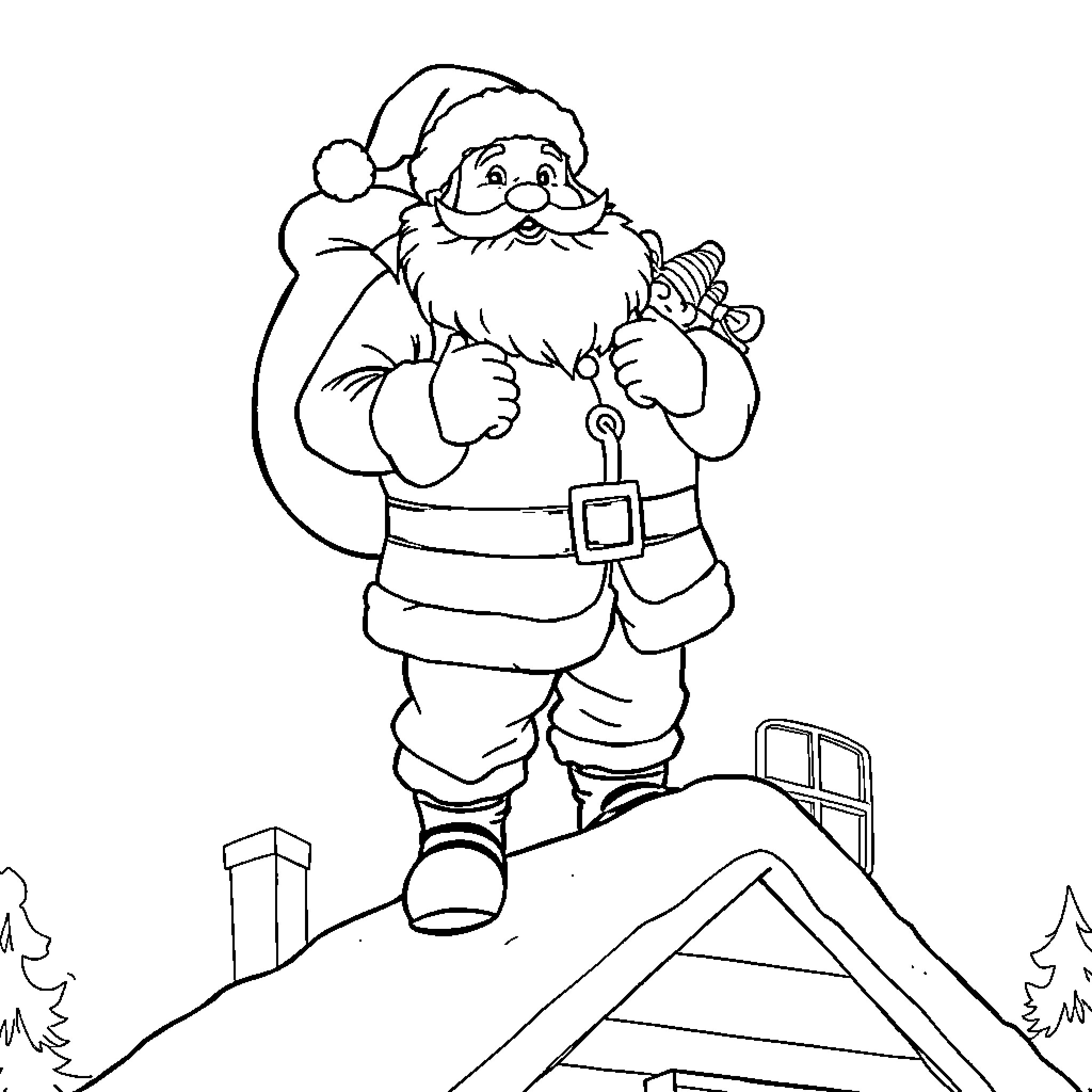 Santa Claus Delivering Gifts on Rooftop Coloring Page (free black-and-white line drawing printable PDF for all, from beginners to advanced learners, including children, teens, adults, and seniors)