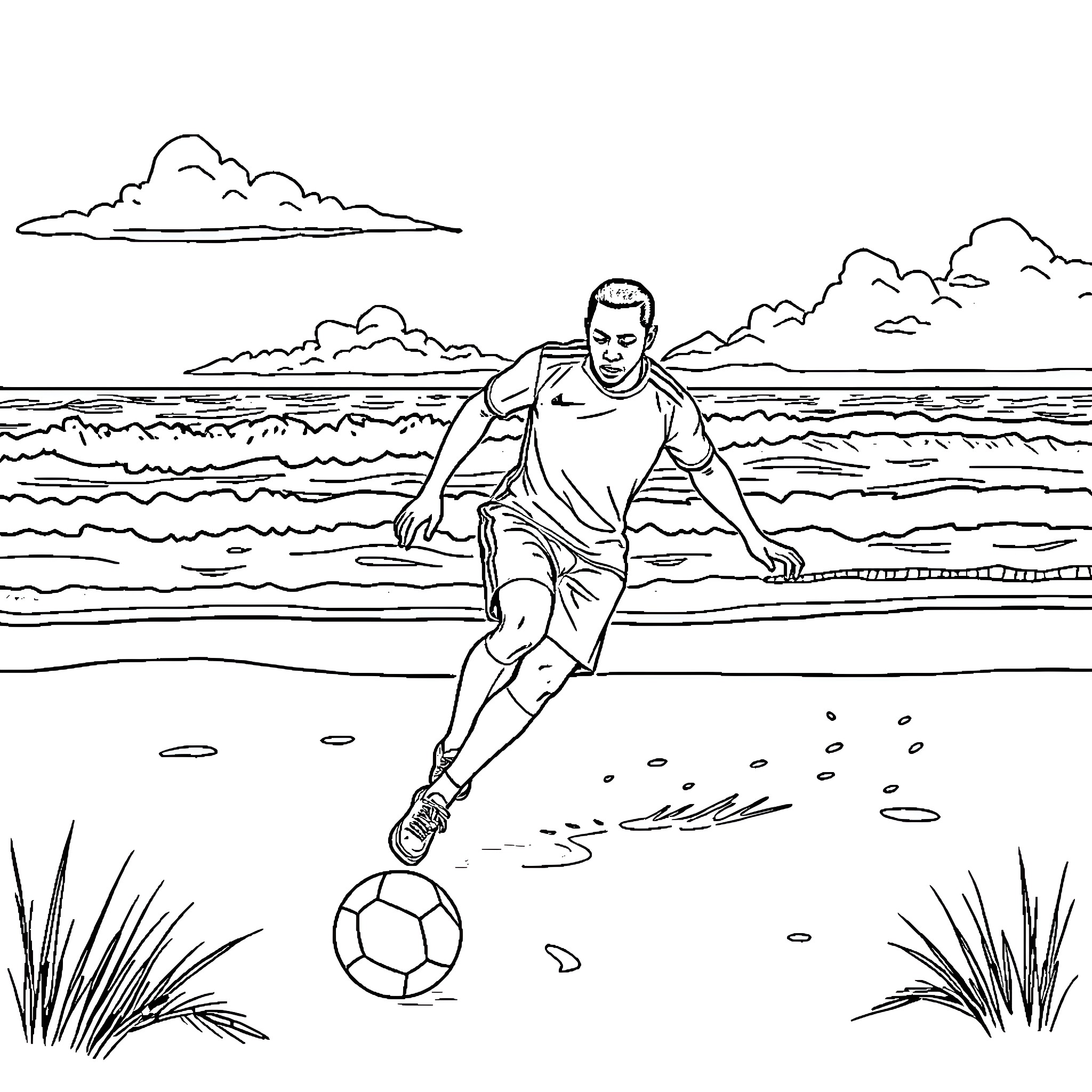Mbappe playing soccer on the beach Coloring Page (free black-and-white line drawing printable PDF for all, from beginners to advanced learners, including children, teens, adults, and seniors)