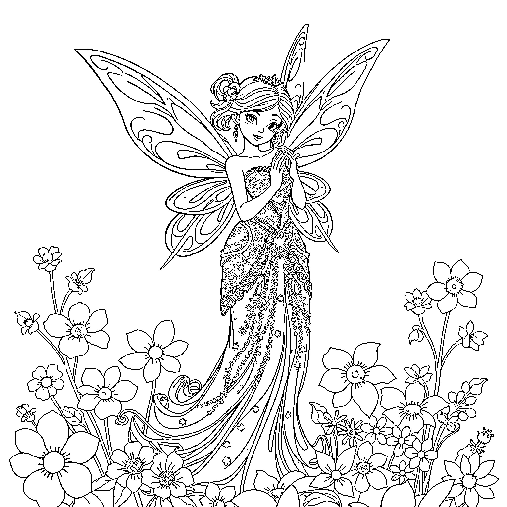 Fairy in Elegant Dress Surrounded by Flowers Coloring Page (free black-and-white line drawing printable PDF for all, from beginners to advanced learners, including children, teens, adults, and seniors)