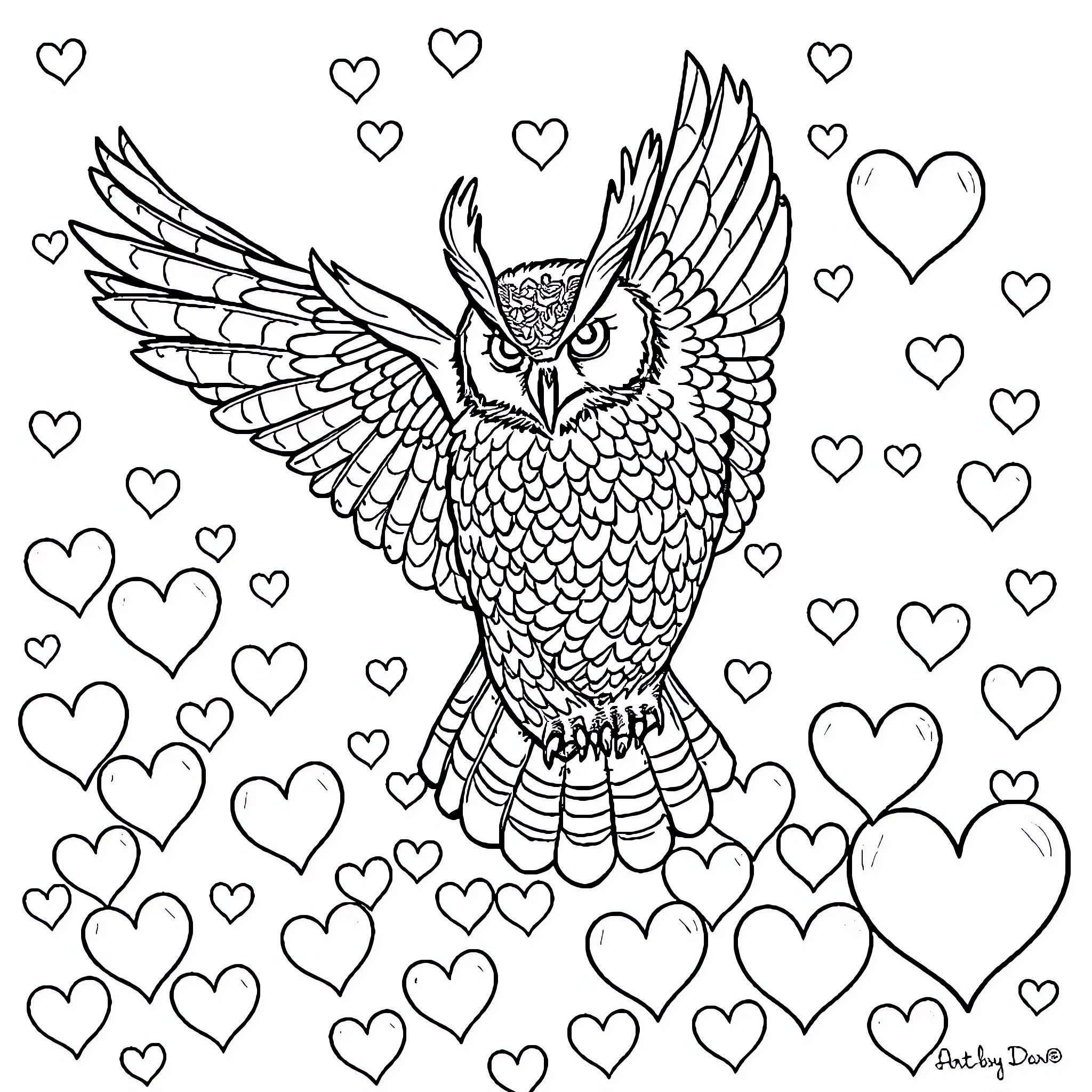 Owl spreading wings amid hearts Coloring Page (free black-and-white line drawing printable PDF for all, from beginners to advanced learners, including children, teens, adults, and seniors)