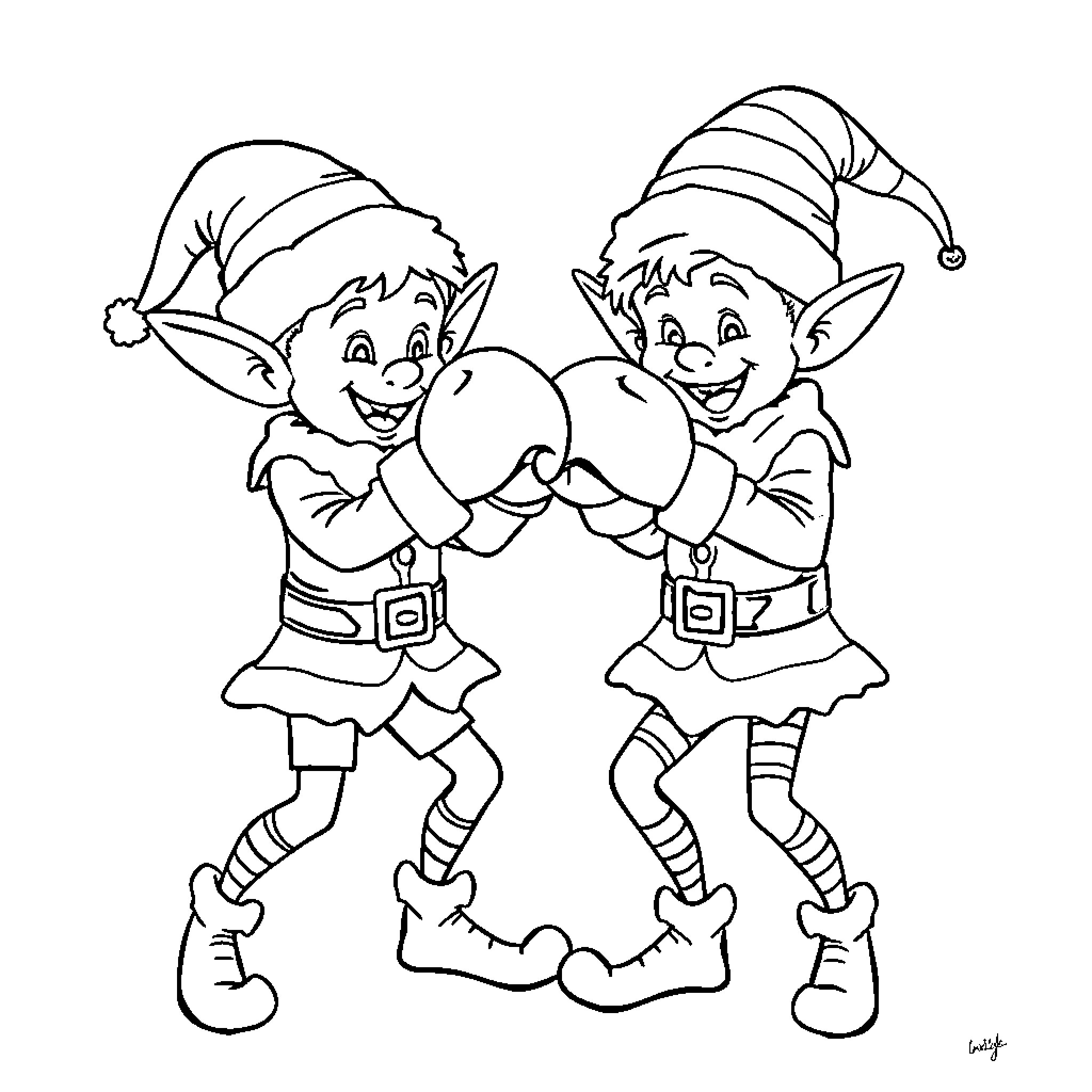 Elf companions sharing a festive heart Coloring Page (free black-and-white line drawing printable PDF for all, from beginners to advanced learners, including children, teens, adults, and seniors)