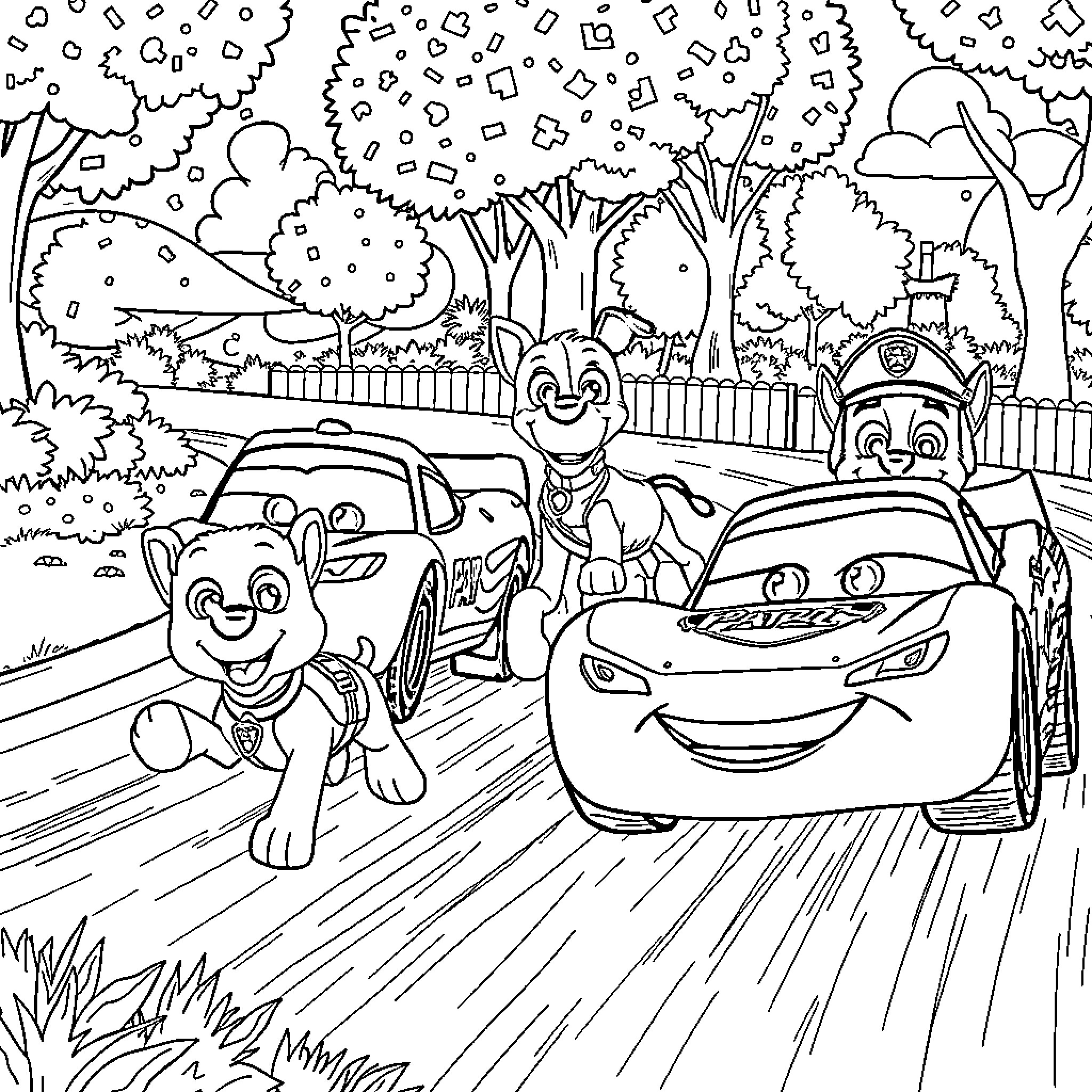 Character Race Through Lively Outdoor Scene Coloring Page (free black-and-white line drawing printable PDF for all, from beginners to advanced learners, including children, teens, adults, and seniors)
