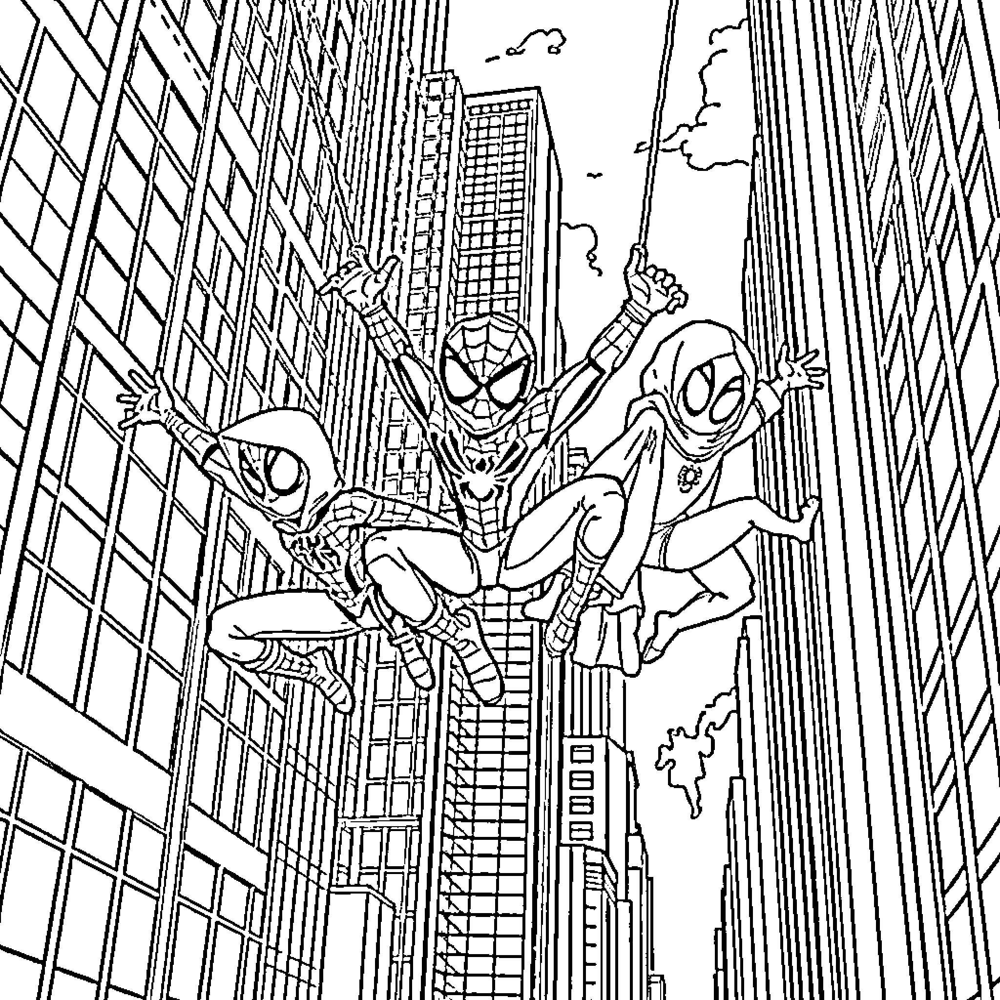 Spider-Characters Swinging through City Skyline Coloring Page (free black-and-white line drawing printable PDF for all, from beginners to advanced learners, including children, teens, adults, and seniors)