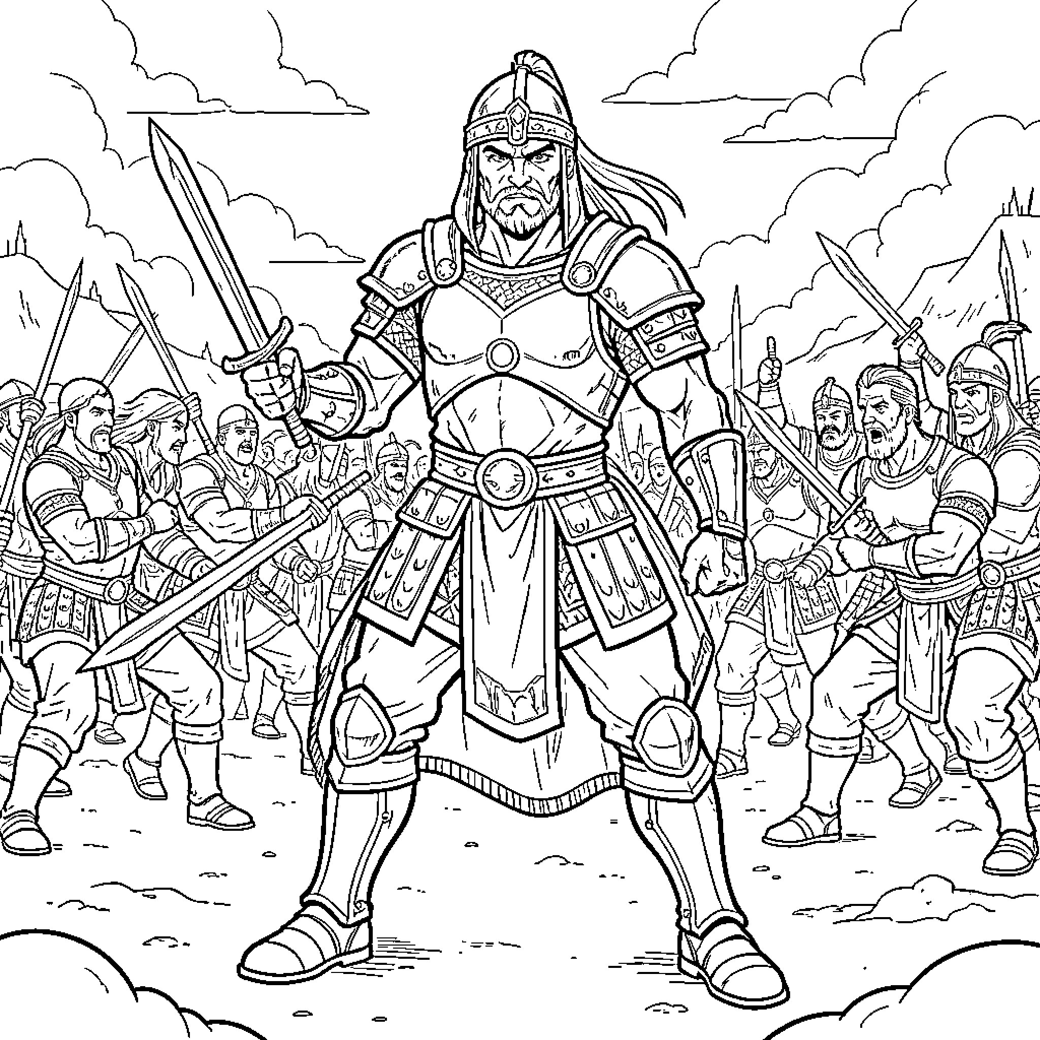 Warrior leading an army of soldiers into battle Coloring Page (free black-and-white line drawing printable PDF for all, from beginners to advanced learners, including children, teens, adults, and seniors)