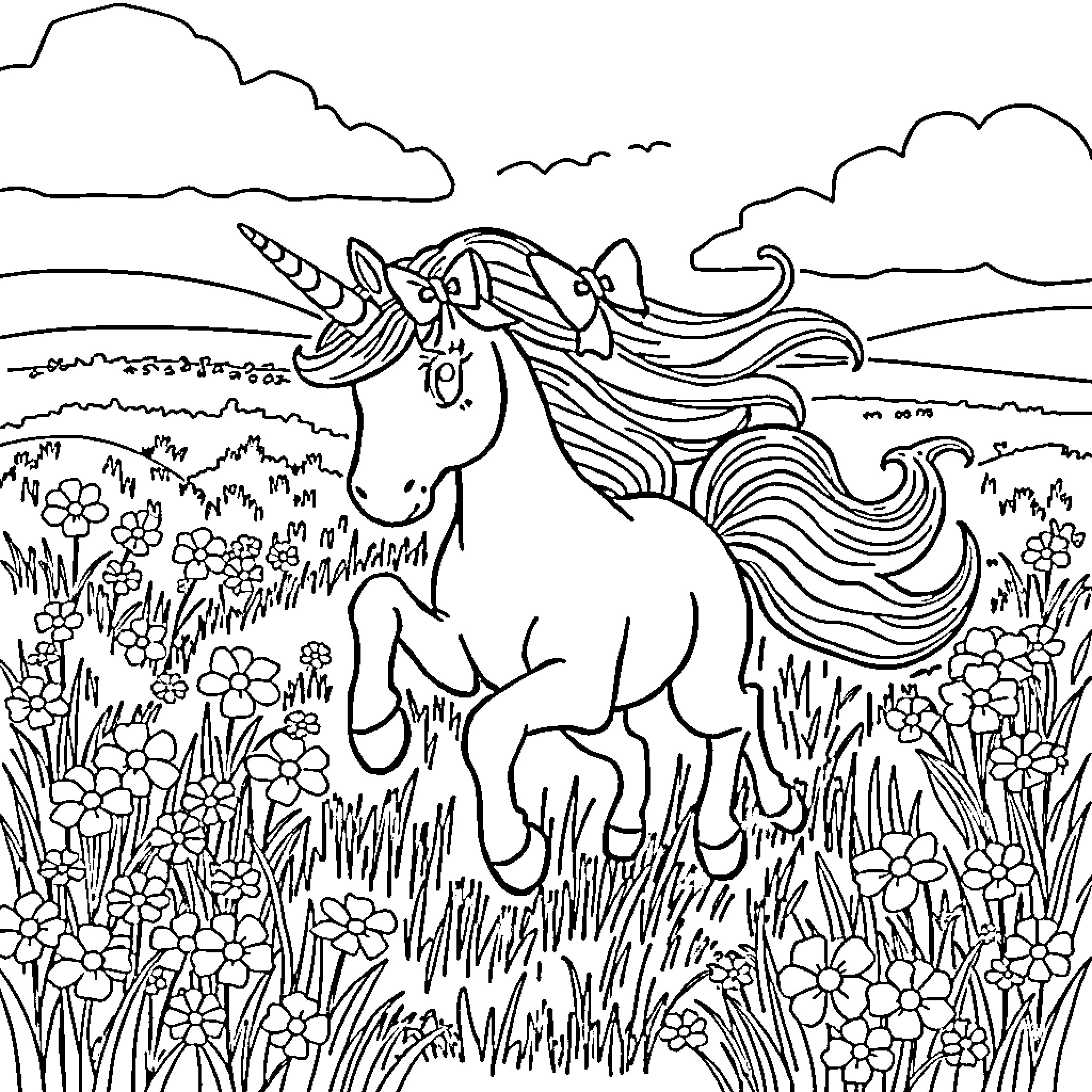Unicorn frolicking in a field of flowers Coloring Page (free black-and-white line drawing printable PDF for all, from beginners to advanced learners, including children, teens, adults, and seniors)