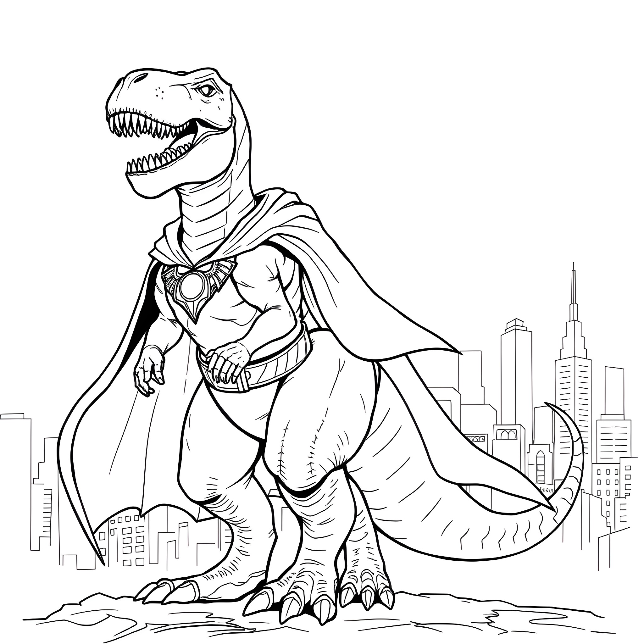 Dinosaur superhero towering over city skyline Coloring Page (free black-and-white line drawing printable PDF for all, from beginners to advanced learners, including children, teens, adults, and seniors)