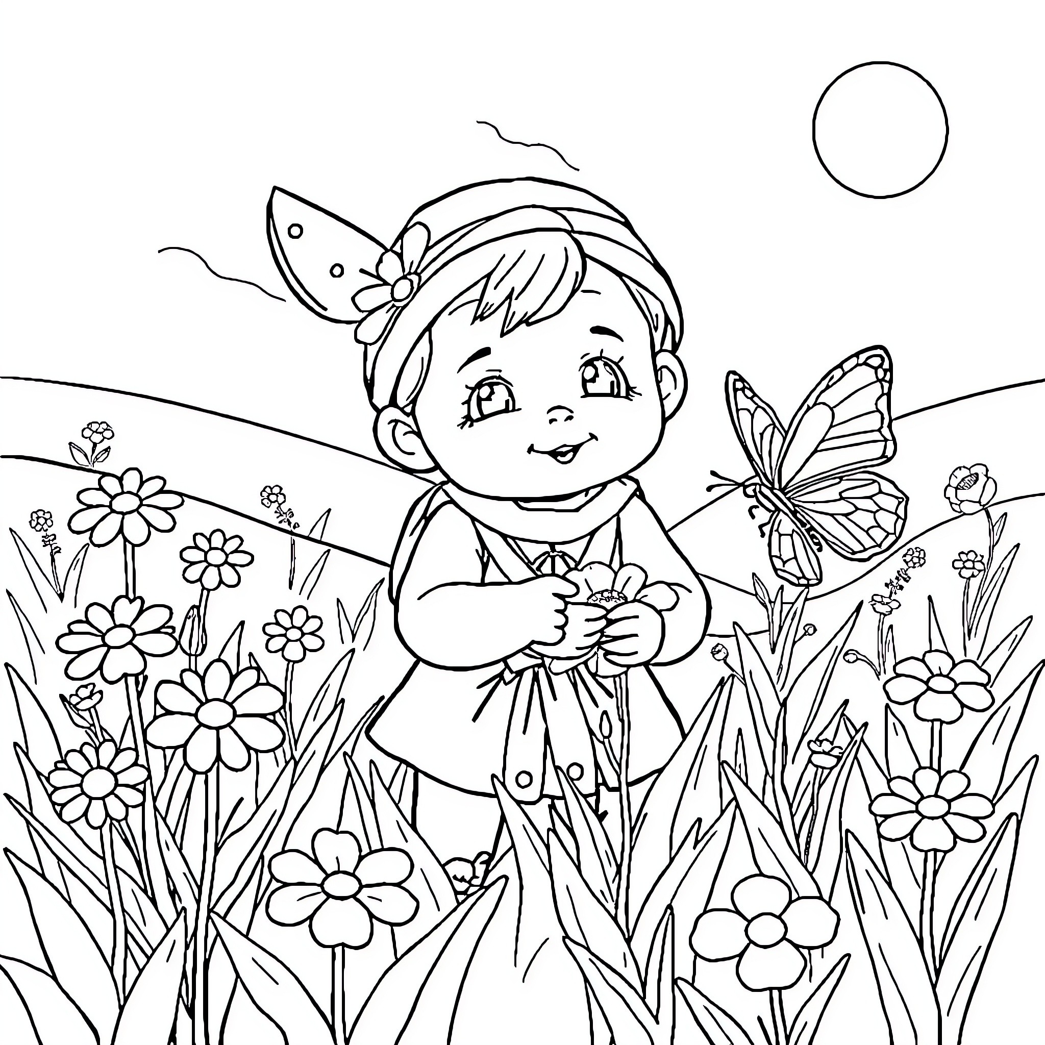 Pichu playing happily in the flower garden Coloring Page (free black-and-white line drawing printable PDF for all, from beginners to advanced learners, including children, teens, adults, and seniors)