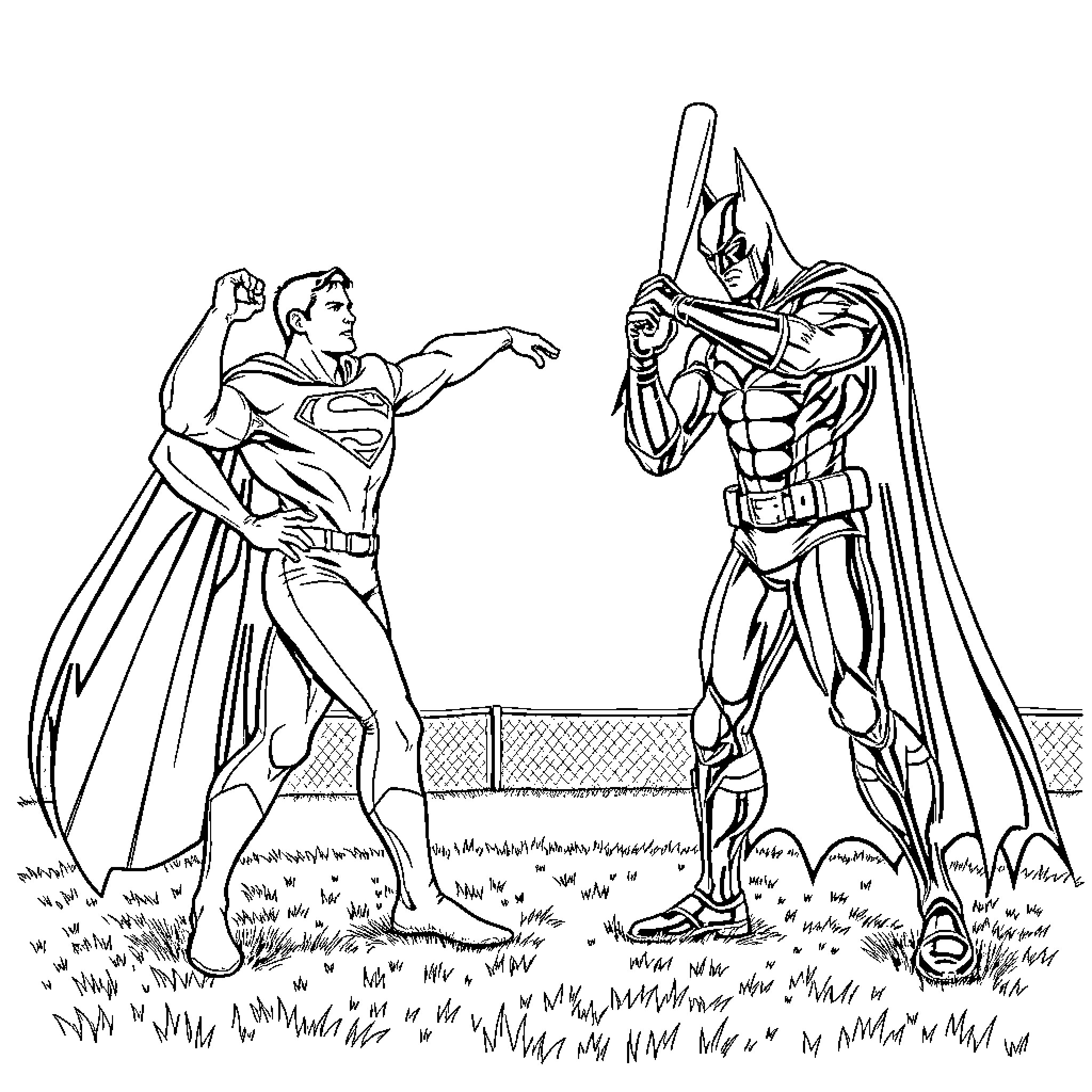 Superman confronting a villainous character in an epic showdown Coloring Page (free black-and-white line drawing printable PDF for all, from beginners to advanced learners, including children, teens, adults, and seniors)