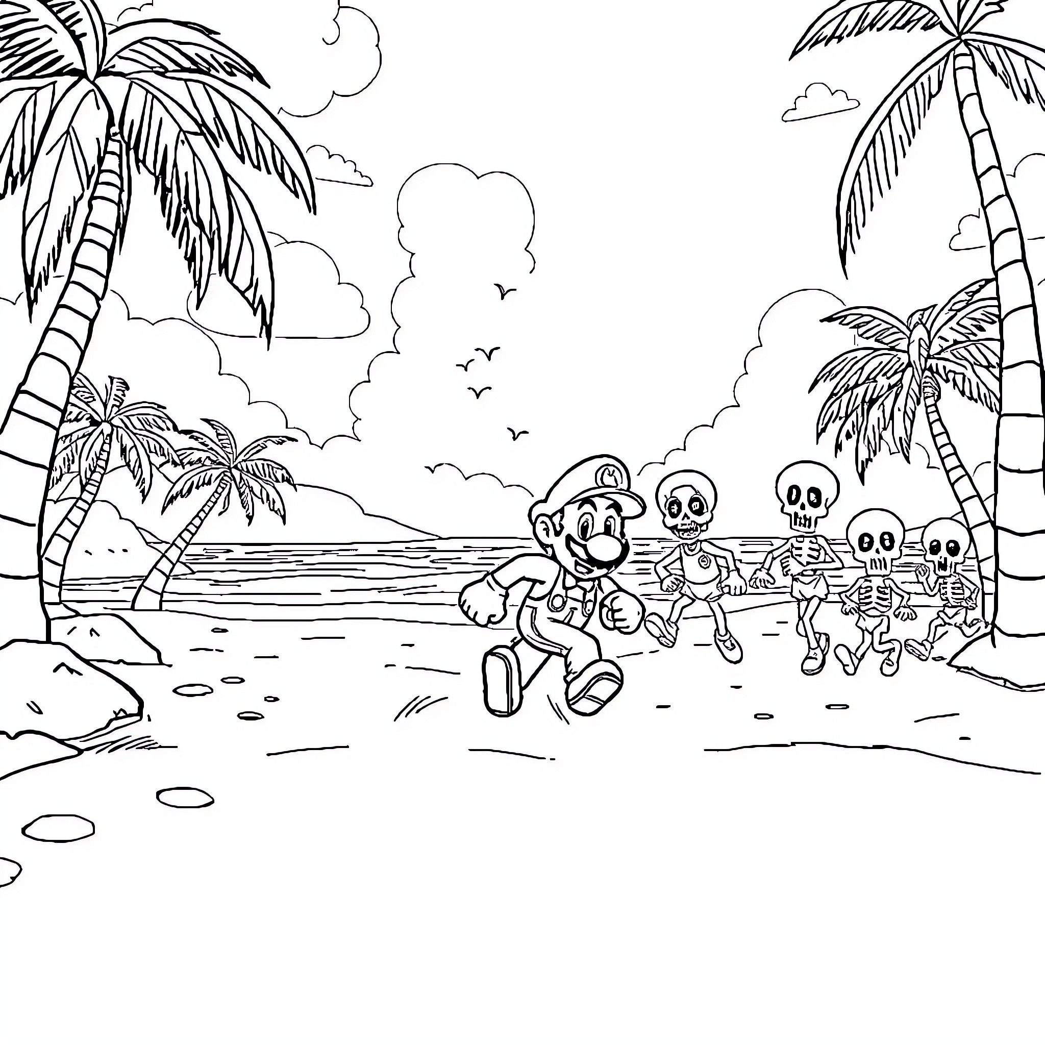 Mario's Tropical Adventure with Friendly Skeletons Coloring Page (free black-and-white line drawing printable PDF for all, from beginners to advanced learners, including children, teens, adults, and seniors)