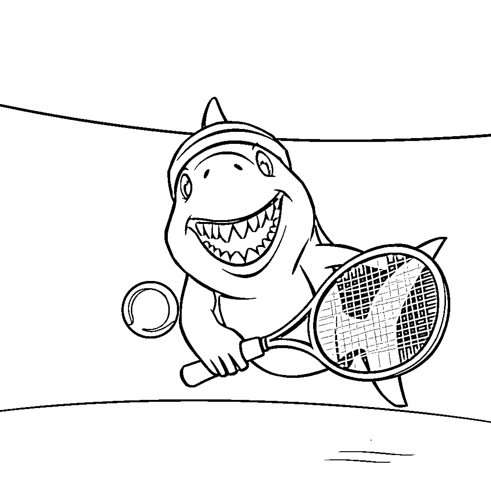 Shark playing tennis with enthusiasm Coloring Page (free black-and-white line drawing printable PDF for all, from beginners to advanced learners, including children, teens, adults, and seniors)