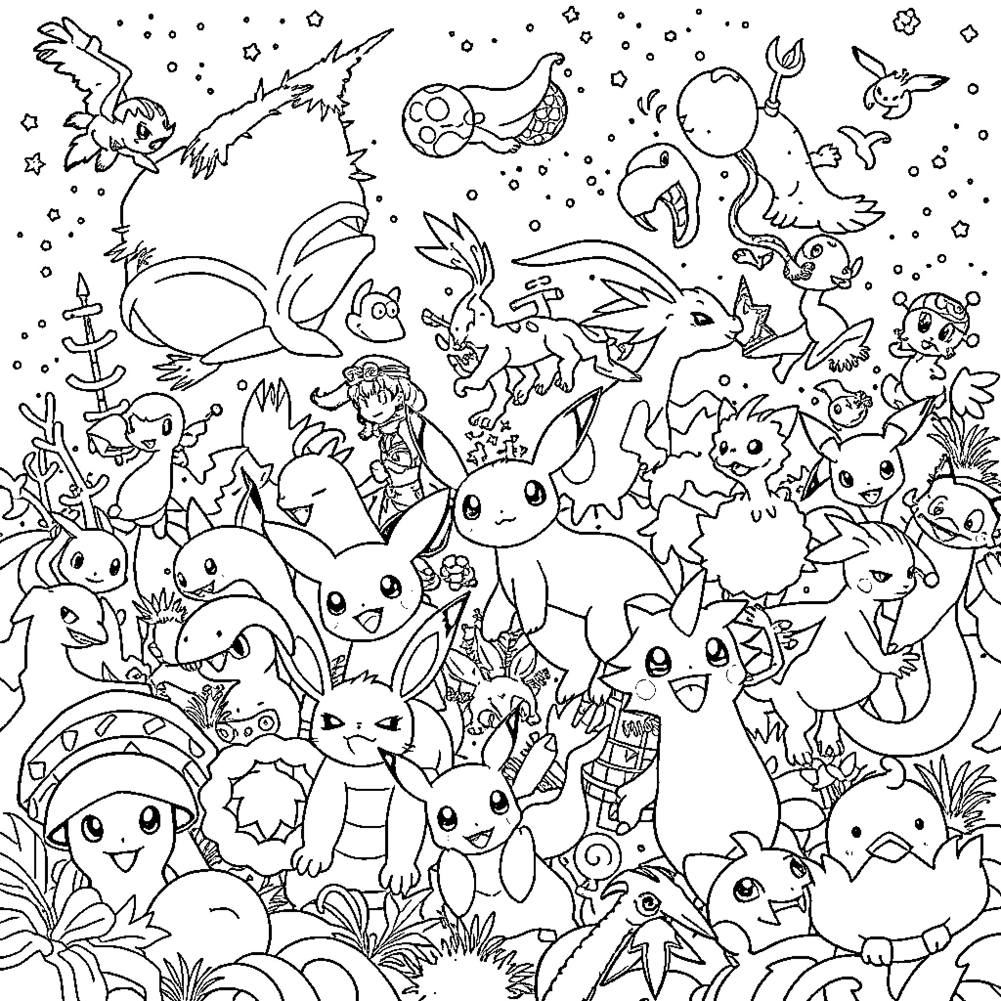 Pokémon characters in a fantasy world Coloring Page (free black-and-white line drawing printable PDF for all, from beginners to advanced learners, including children, teens, adults, and seniors)