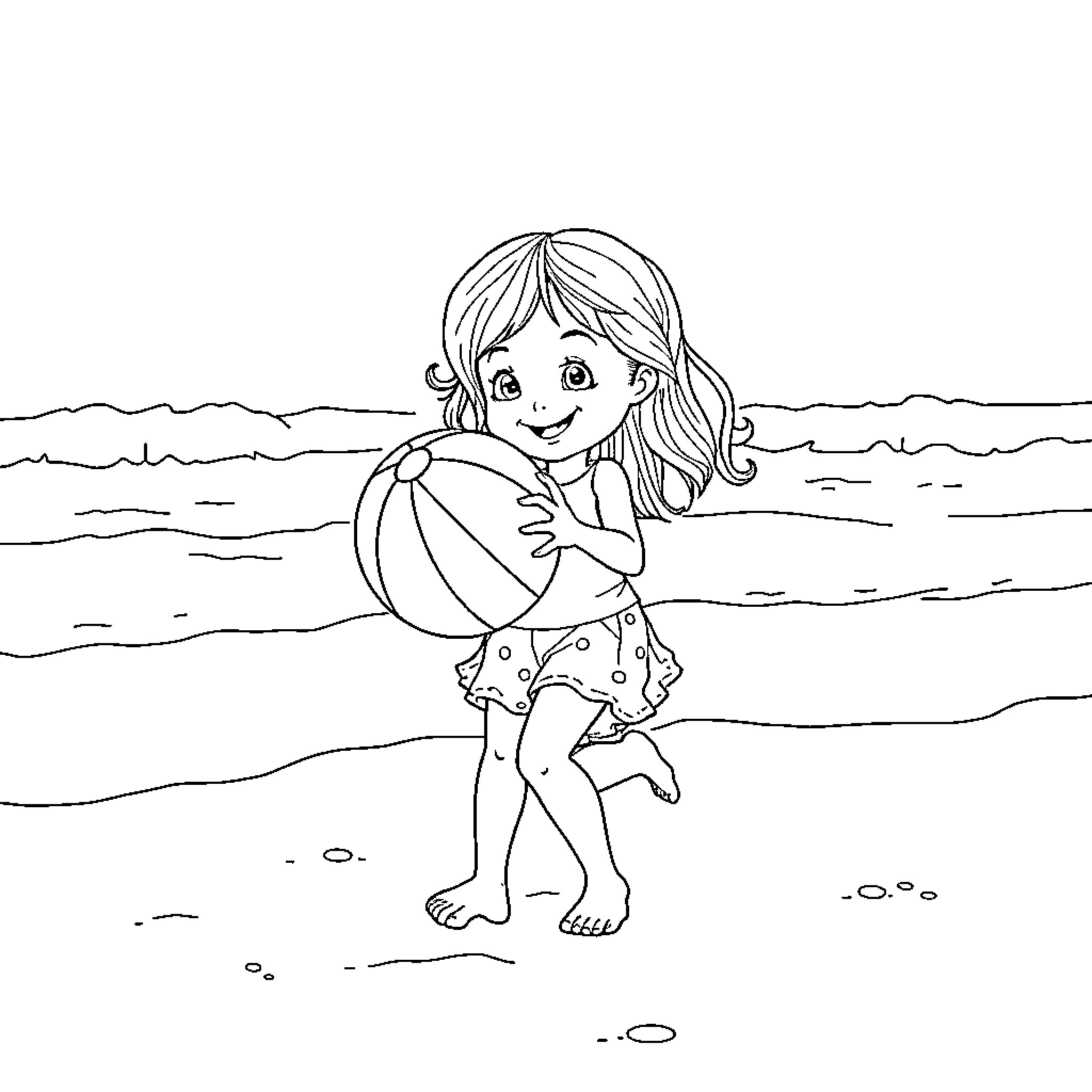 Evangelyne playing joyfully with beach ball Coloring Page (free black-and-white line drawing printable PDF for all, from beginners to advanced learners, including children, teens, adults, and seniors)
