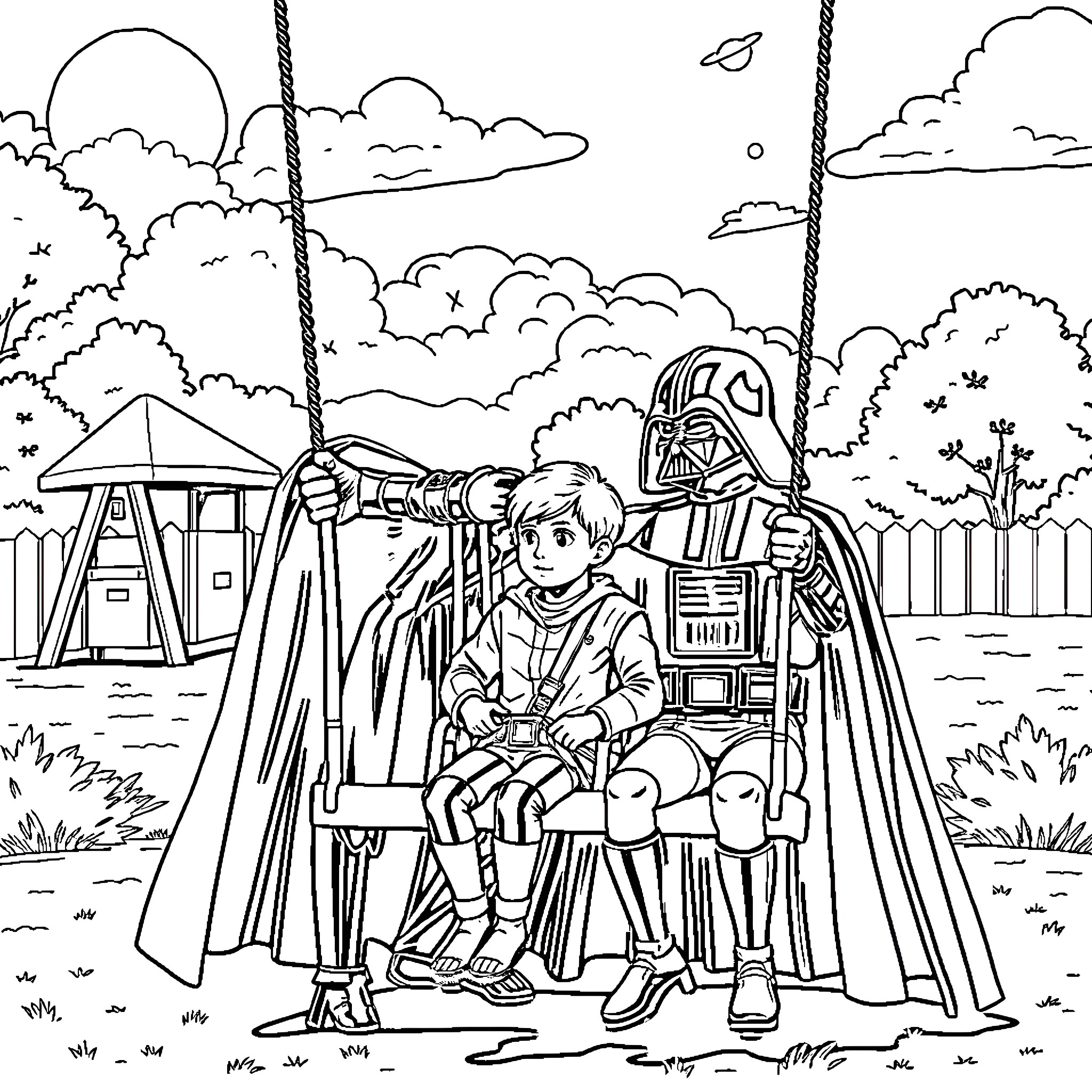 Darth Vader and Younglings in Outdoor Setting Coloring Page (free black-and-white line drawing printable PDF for all, from beginners to advanced learners, including children, teens, adults, and seniors)