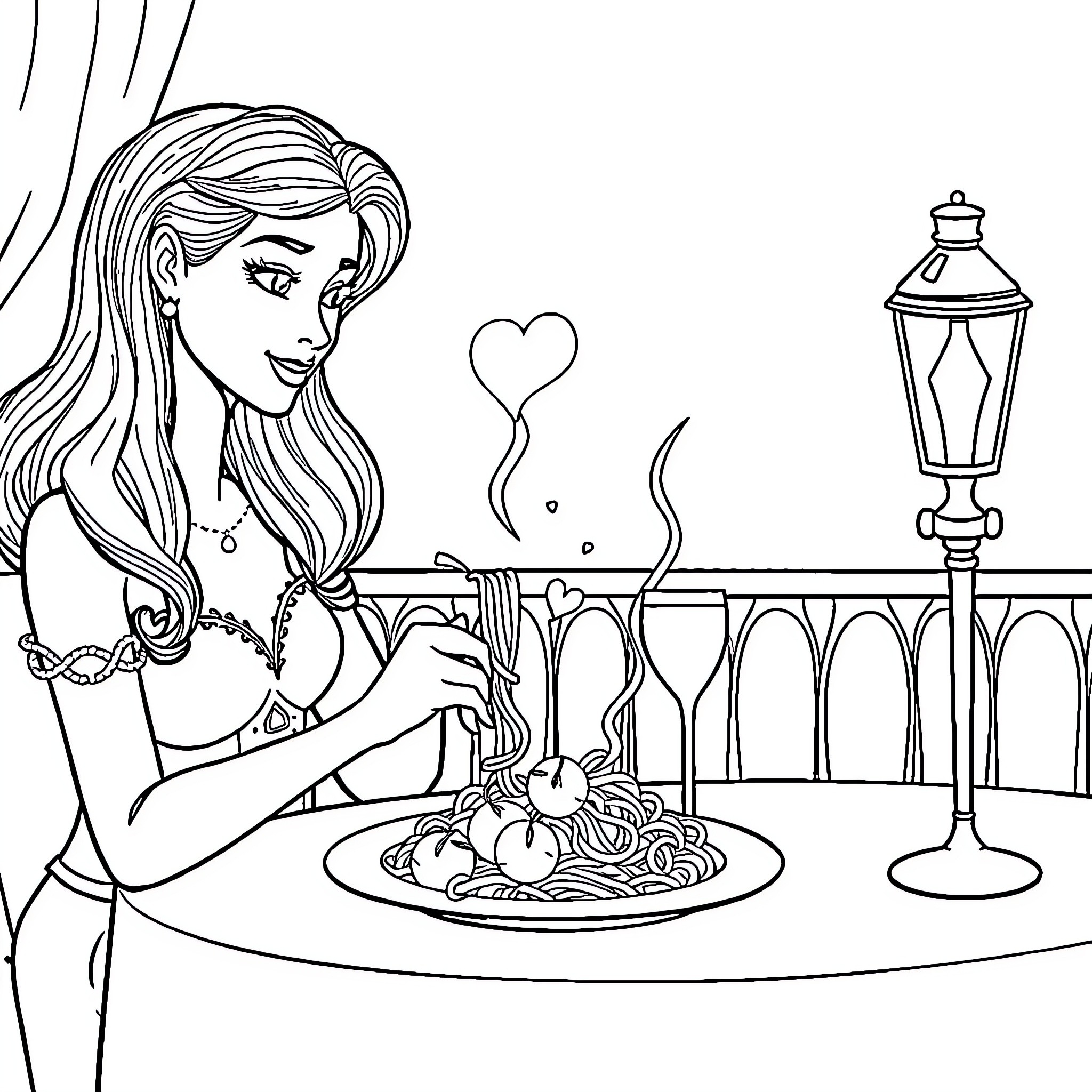 Lady And The Tramp Romantic Dining Experience Coloring Page (free black-and-white line drawing printable PDF for all, from beginners to advanced learners, including children, teens, adults, and seniors)