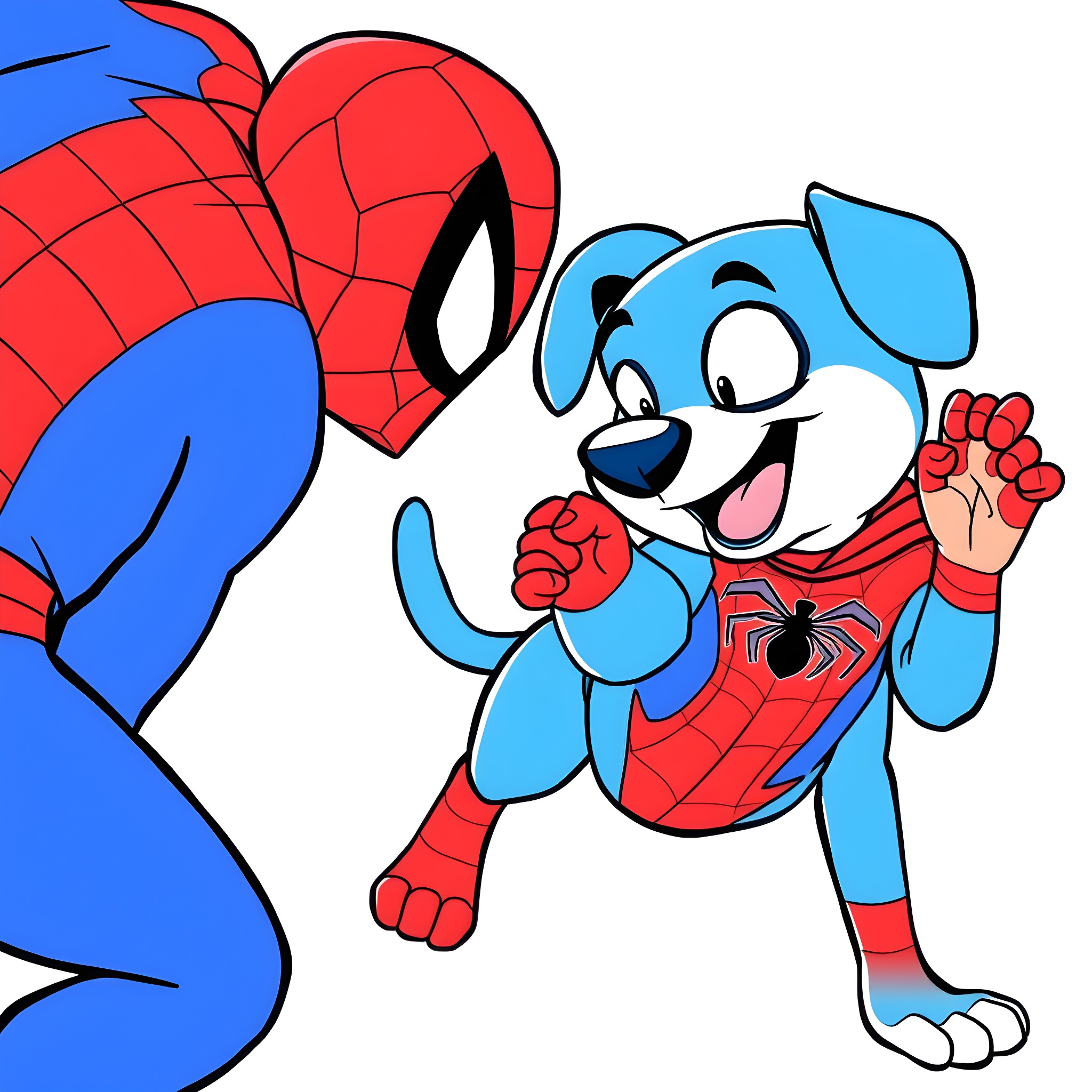 Bluey and Spider-Man playing together Coloring Page (free black-and-white line drawing printable PDF for all, from beginners to advanced learners, including children, teens, adults, and seniors)