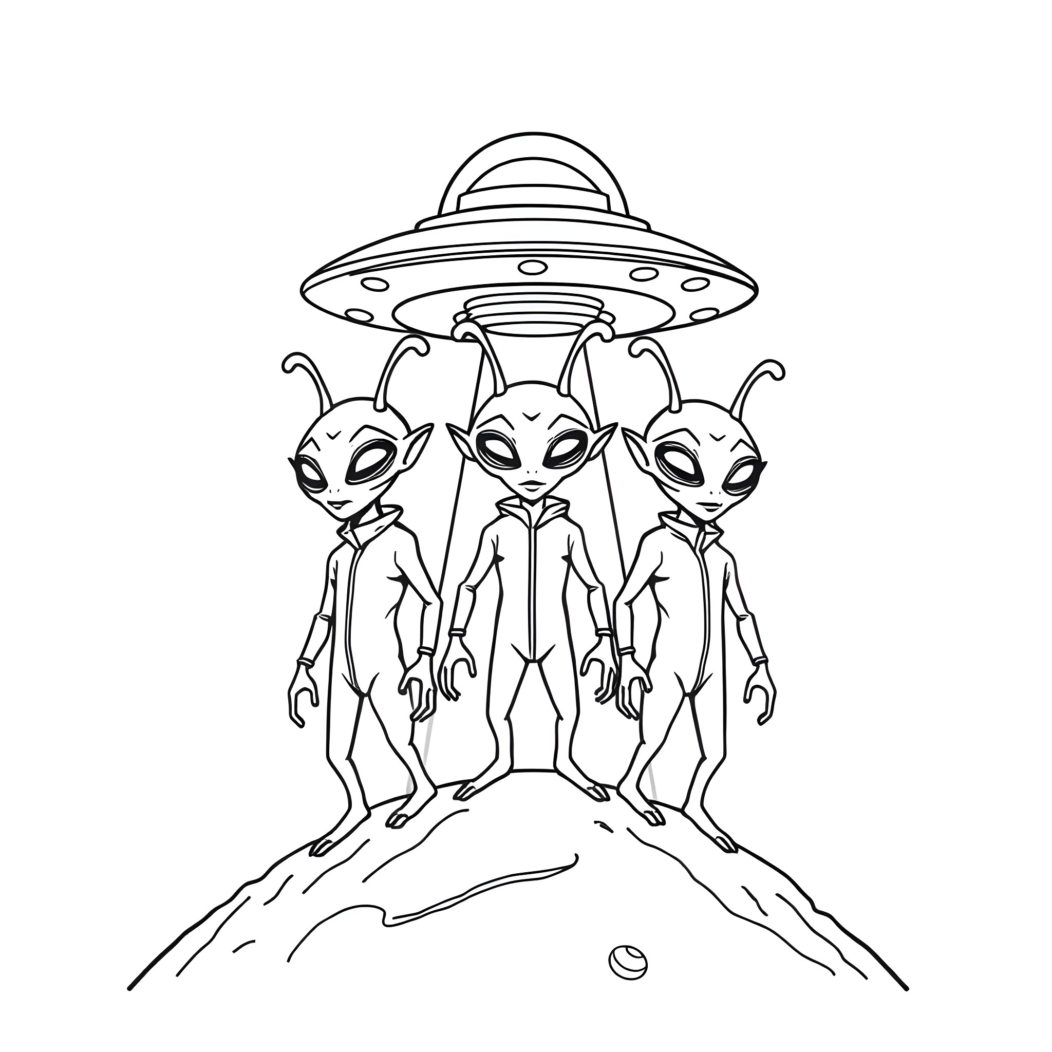 Alien Trio Abducted by Unidentified Flying Object Coloring Page (free black-and-white line drawing printable PDF for all, from beginners to advanced learners, including children, teens, adults, and seniors)