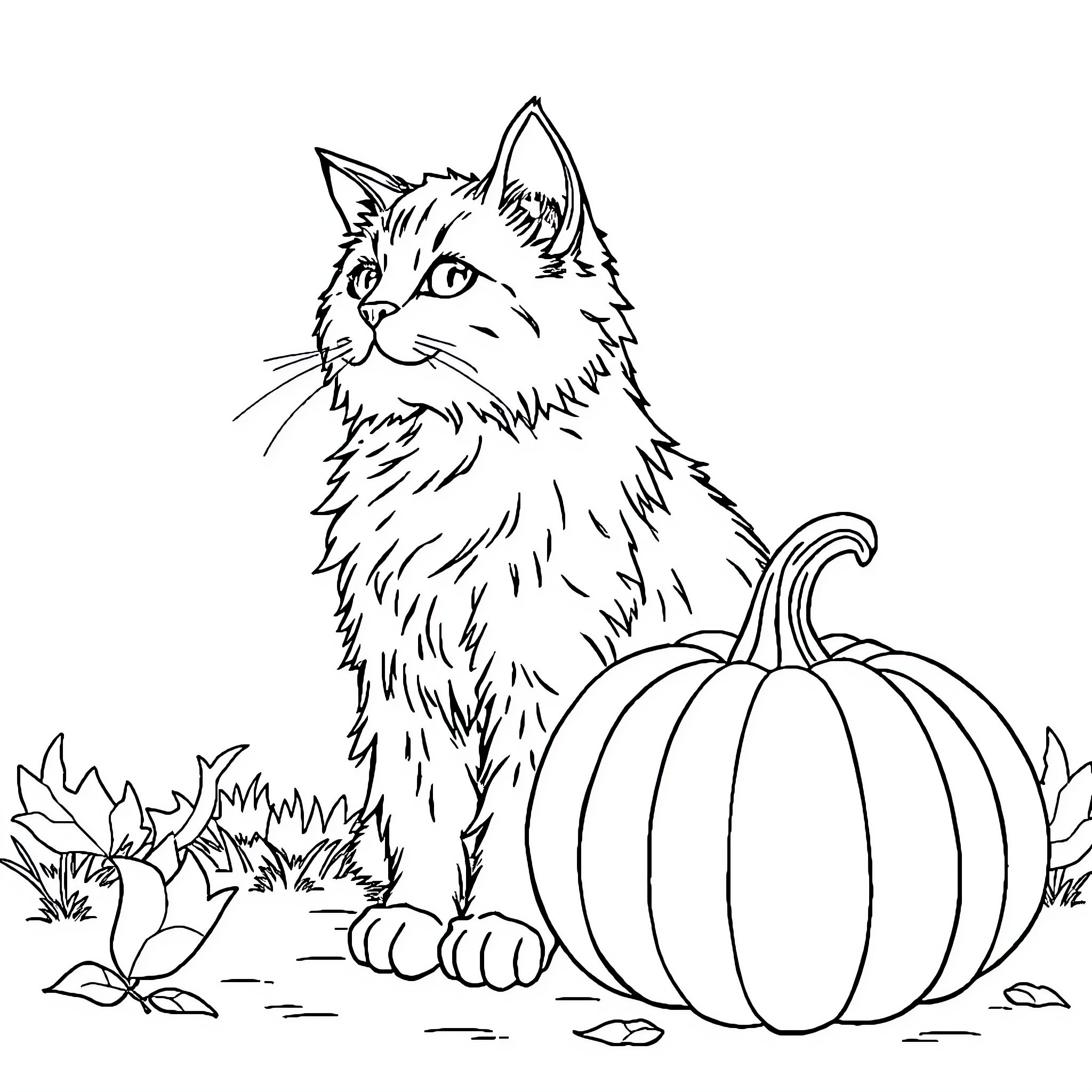 Cat sitting beside pumpkin in autumn scene Coloring Page (free black-and-white line drawing printable PDF for all, from beginners to advanced learners, including children, teens, adults, and seniors)