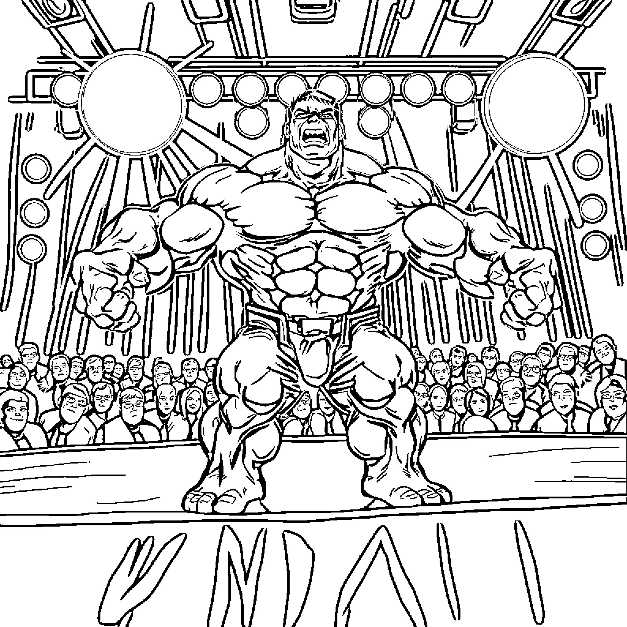 Hulk Unleashing Mighty Strength on a Heroic Stage Coloring Page (free black-and-white line drawing printable PDF for all, from beginners to advanced learners, including children, teens, adults, and seniors)