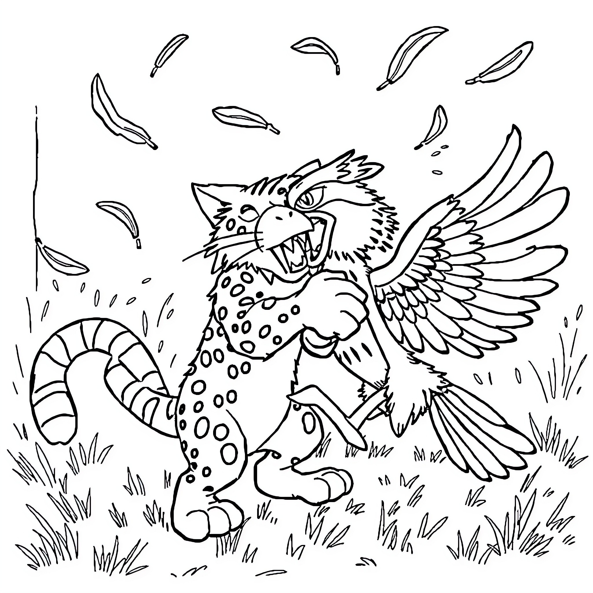 Wildcat flying and attacking in the wilderness Coloring Page (free black-and-white line drawing printable PDF for all, from beginners to advanced learners, including children, teens, adults, and seniors)
