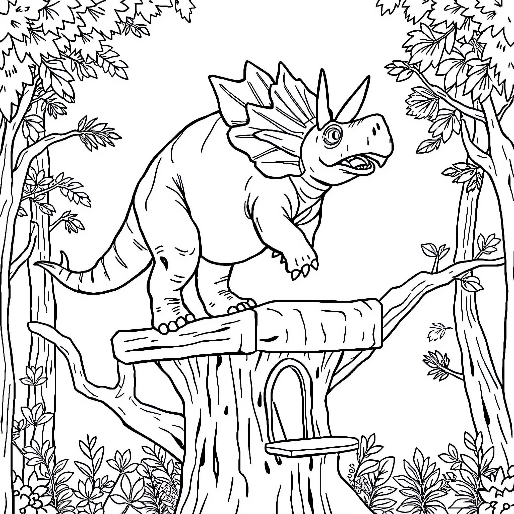 Triceratops exploring the forest Coloring Page (free black-and-white line drawing printable PDF for all, from beginners to advanced learners, including children, teens, adults, and seniors)