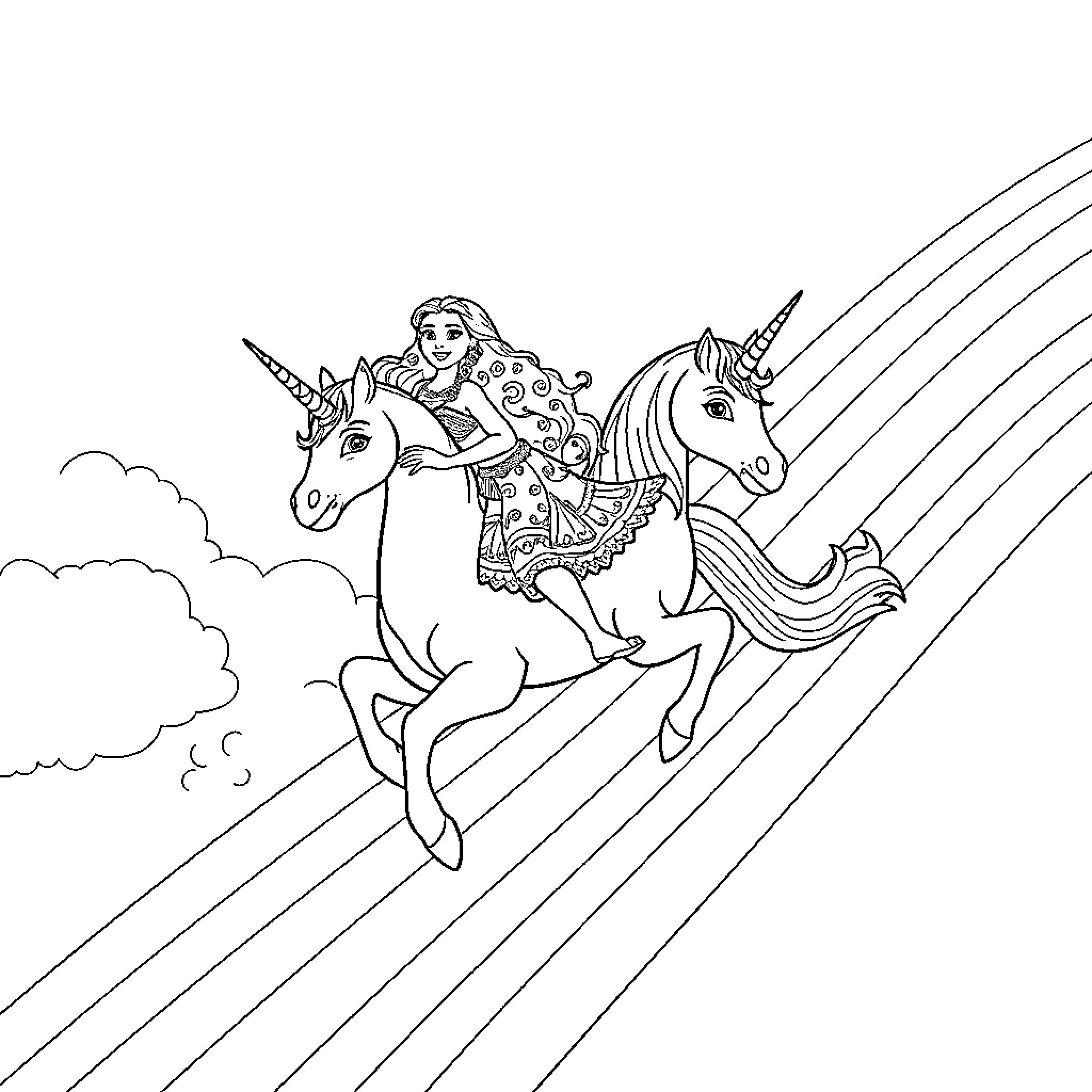 Moana riding magical unicorns in the clouds Coloring Page (free black-and-white line drawing printable PDF for all, from beginners to advanced learners, including children, teens, adults, and seniors)