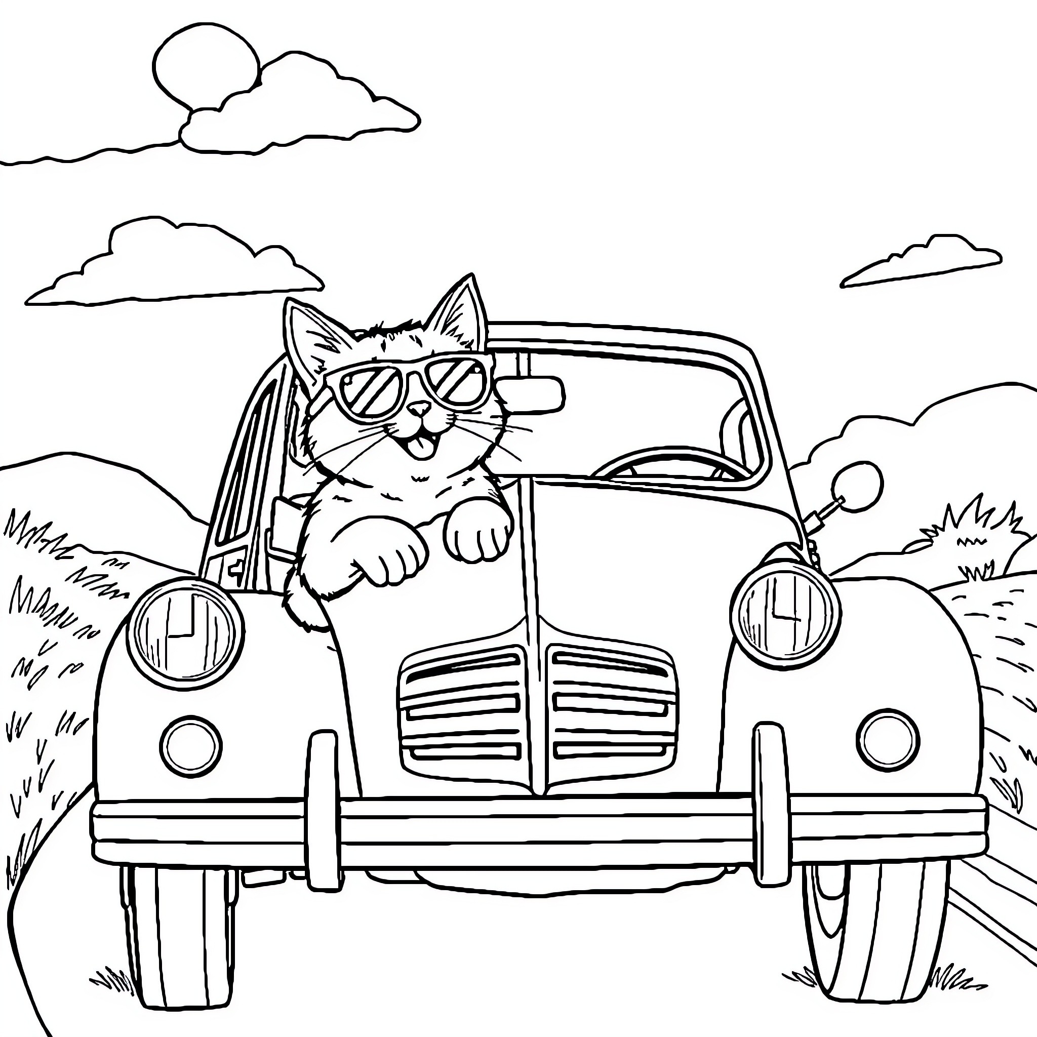 Cat driving a retro car on the road Coloring Page (free black-and-white line drawing printable PDF for all, from beginners to advanced learners, including children, teens, adults, and seniors)