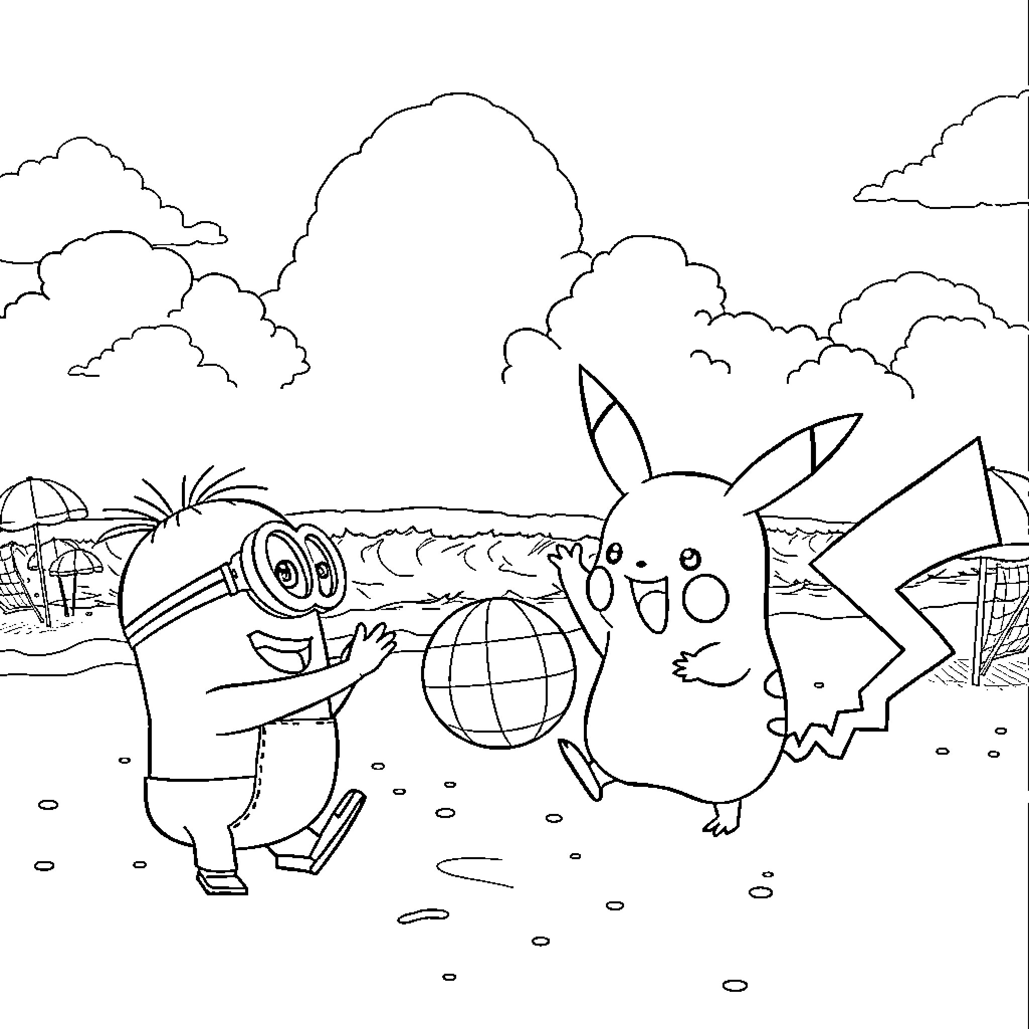 Minion and Pikachu explore the outdoors together Coloring Page (free black-and-white line drawing printable PDF for all, from beginners to advanced learners, including children, teens, adults, and seniors)