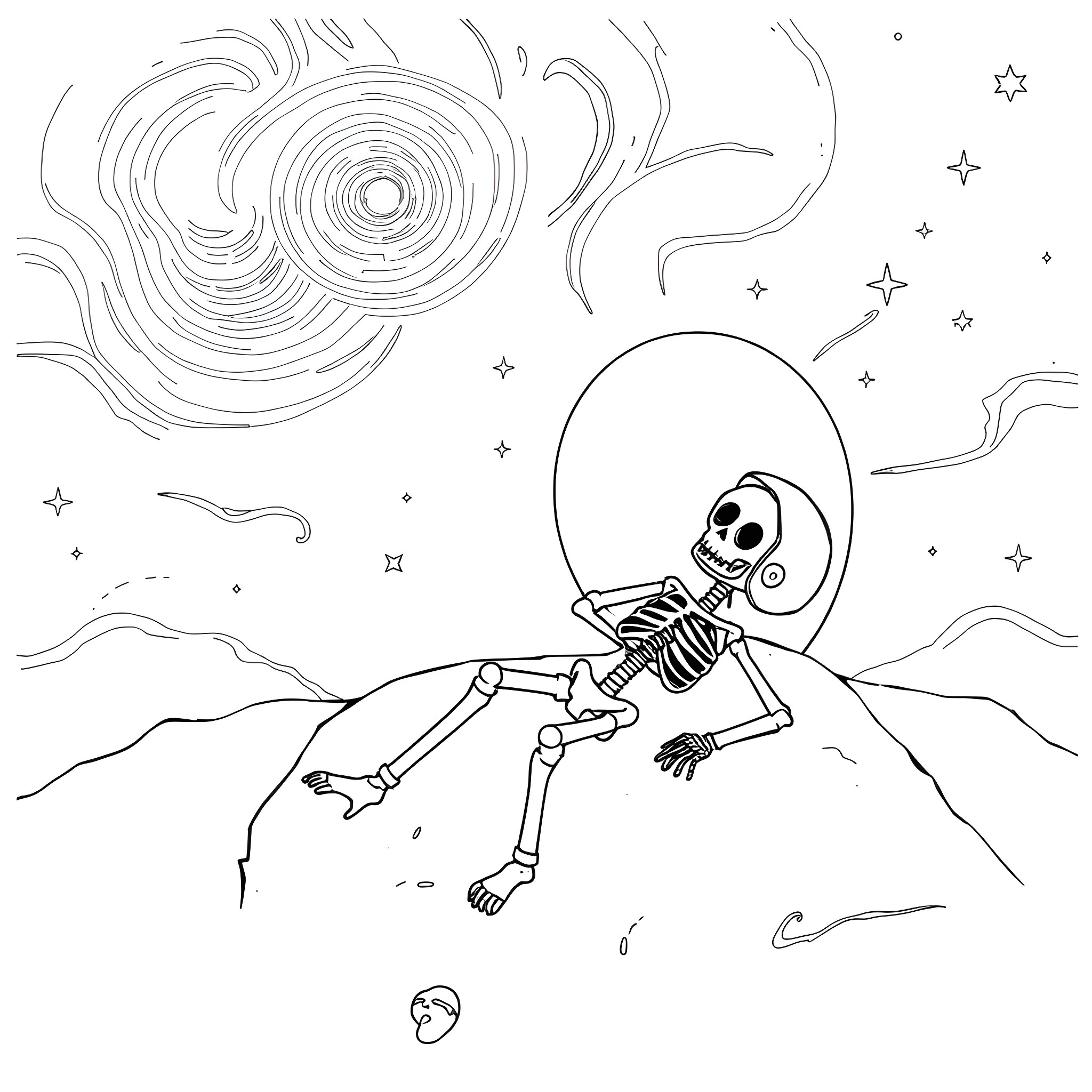 Sun dancing skeleton in the starry night Coloring Page (free black-and-white line drawing printable PDF for all, from beginners to advanced learners, including children, teens, adults, and seniors)