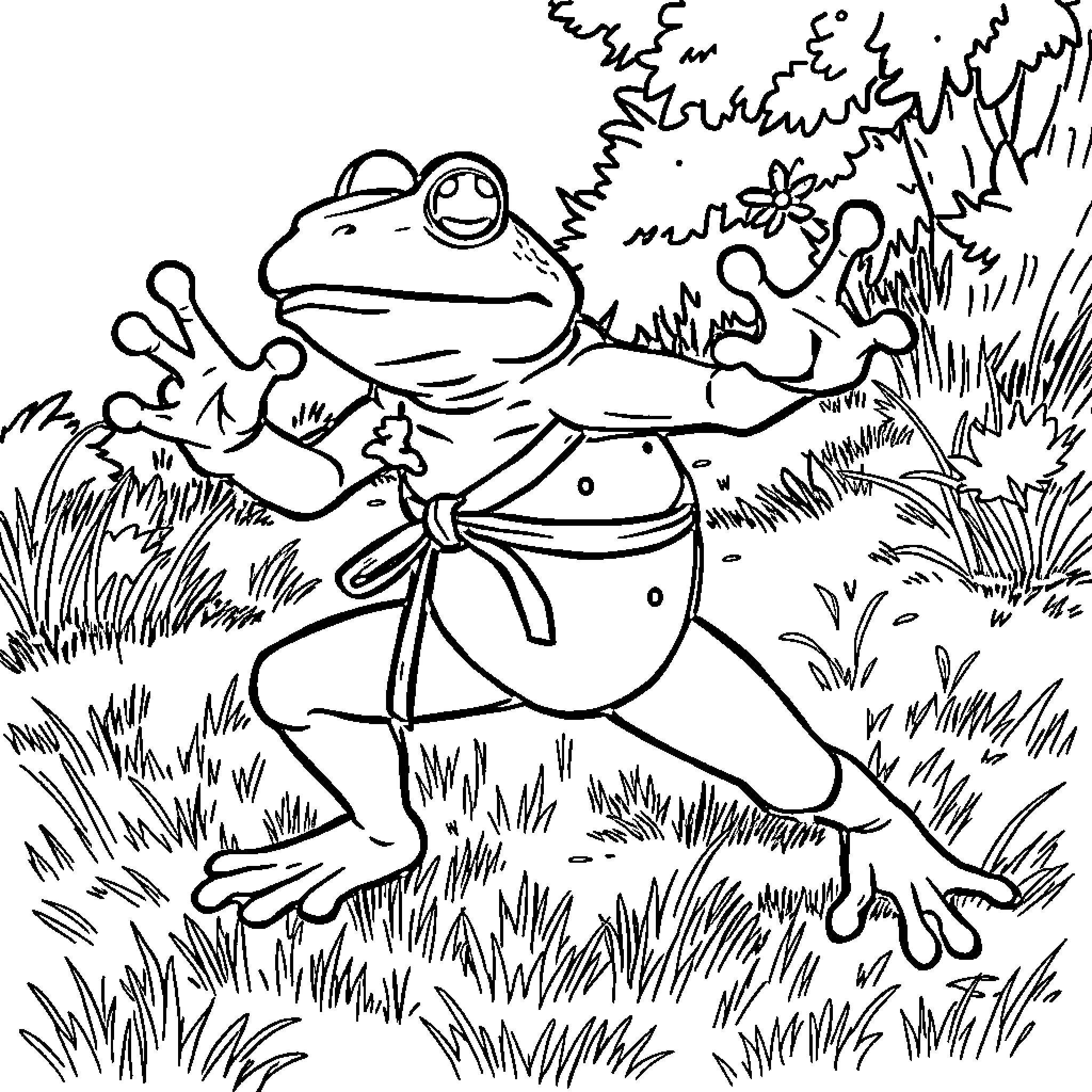 Frog hopping happily through the grassy field Coloring Page (free black-and-white line drawing printable PDF for all, from beginners to advanced learners, including children, teens, adults, and seniors)