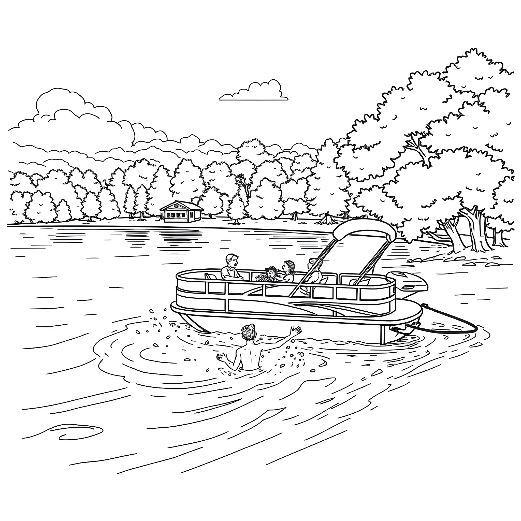Pontoon boat cruising on a peaceful lake Coloring Page (free black-and-white line drawing printable PDF for all, from beginners to advanced learners, including children, teens, adults, and seniors)