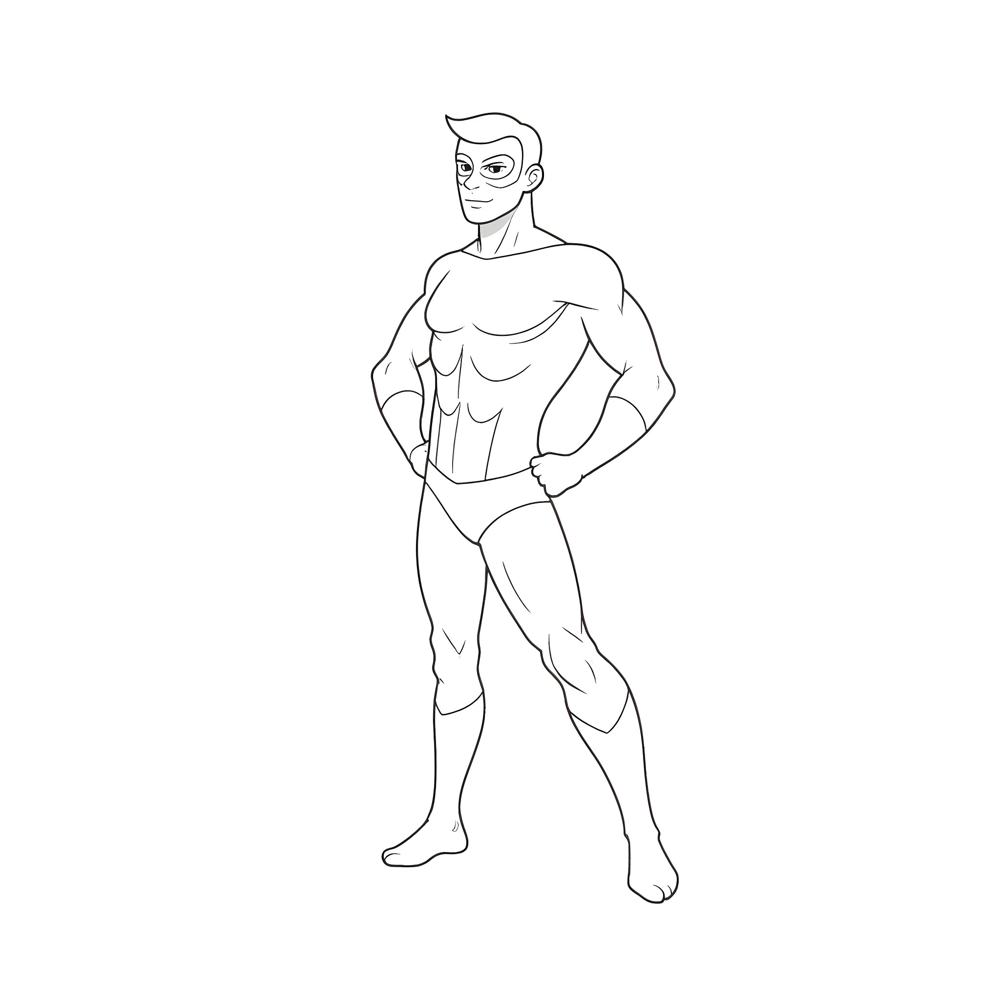 Beanman in heroic stance Coloring Page (free black-and-white line drawing printable PDF for all, from beginners to advanced learners, including children, teens, adults, and seniors)