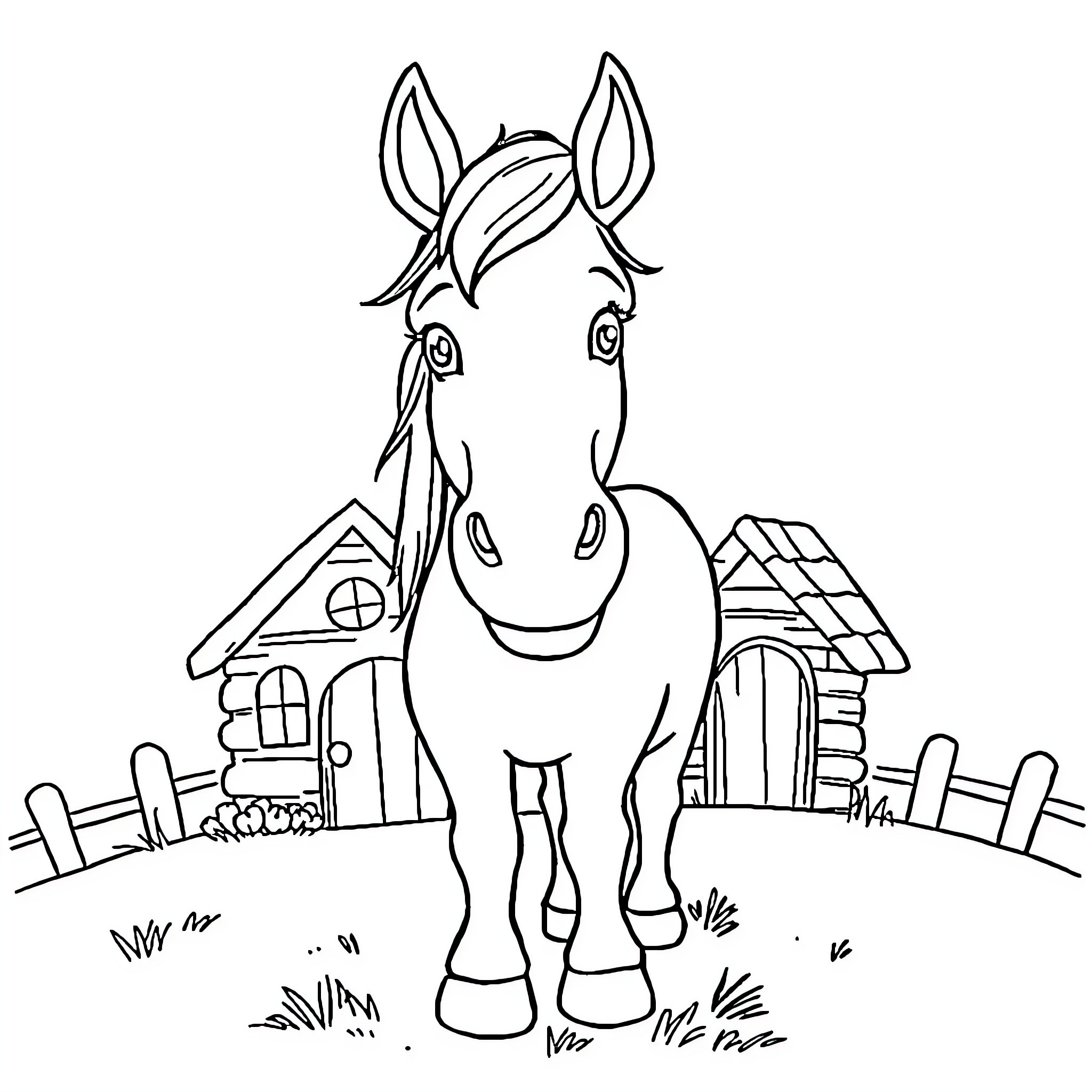 Horse standing outside a cartoon farmhouse Coloring Page (free black-and-white line drawing printable PDF for all, from beginners to advanced learners, including children, teens, adults, and seniors)