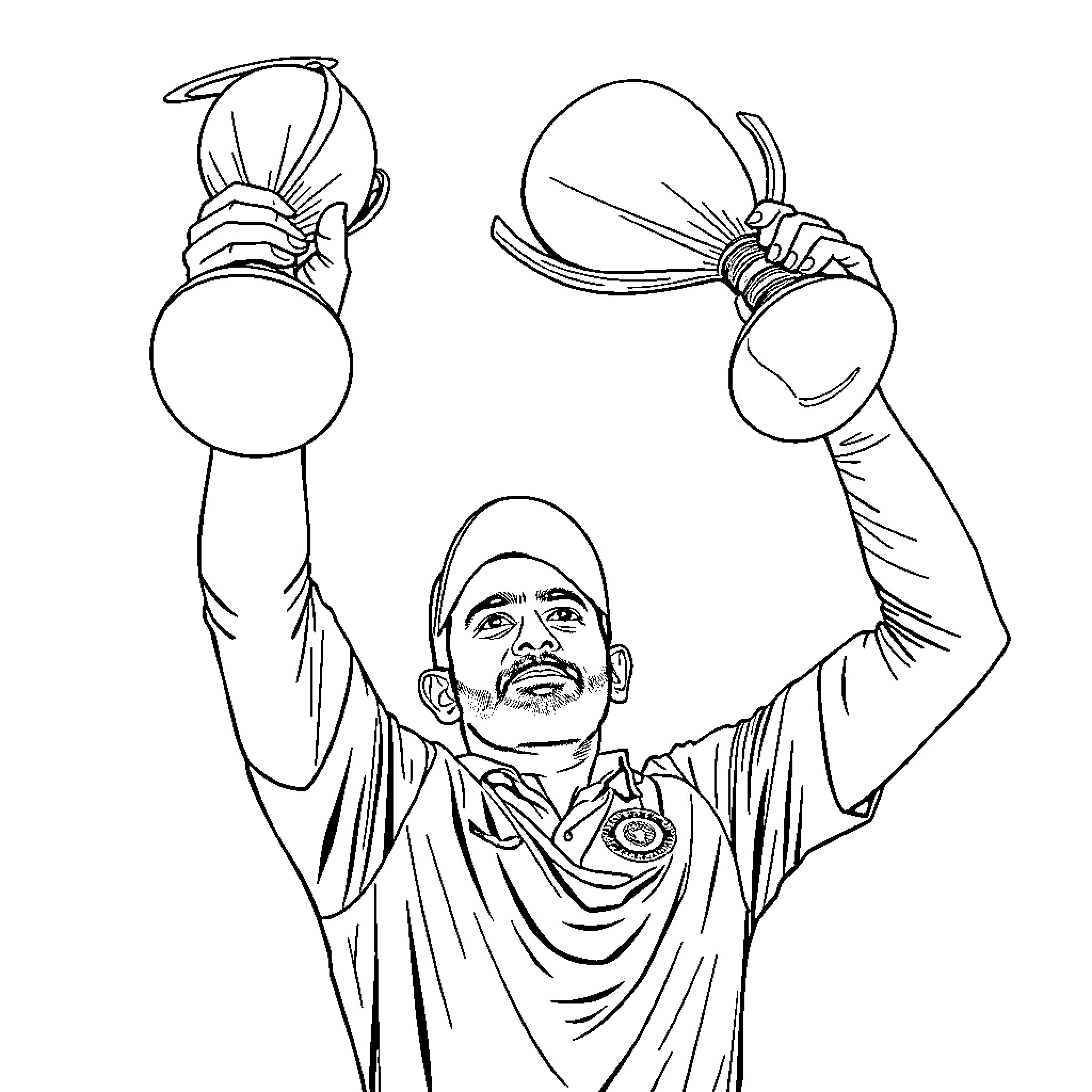 Ms Dhoni celebrates winning a cricket match Coloring Page (free black-and-white line drawing printable PDF for all, from beginners to advanced learners, including children, teens, adults, and seniors)