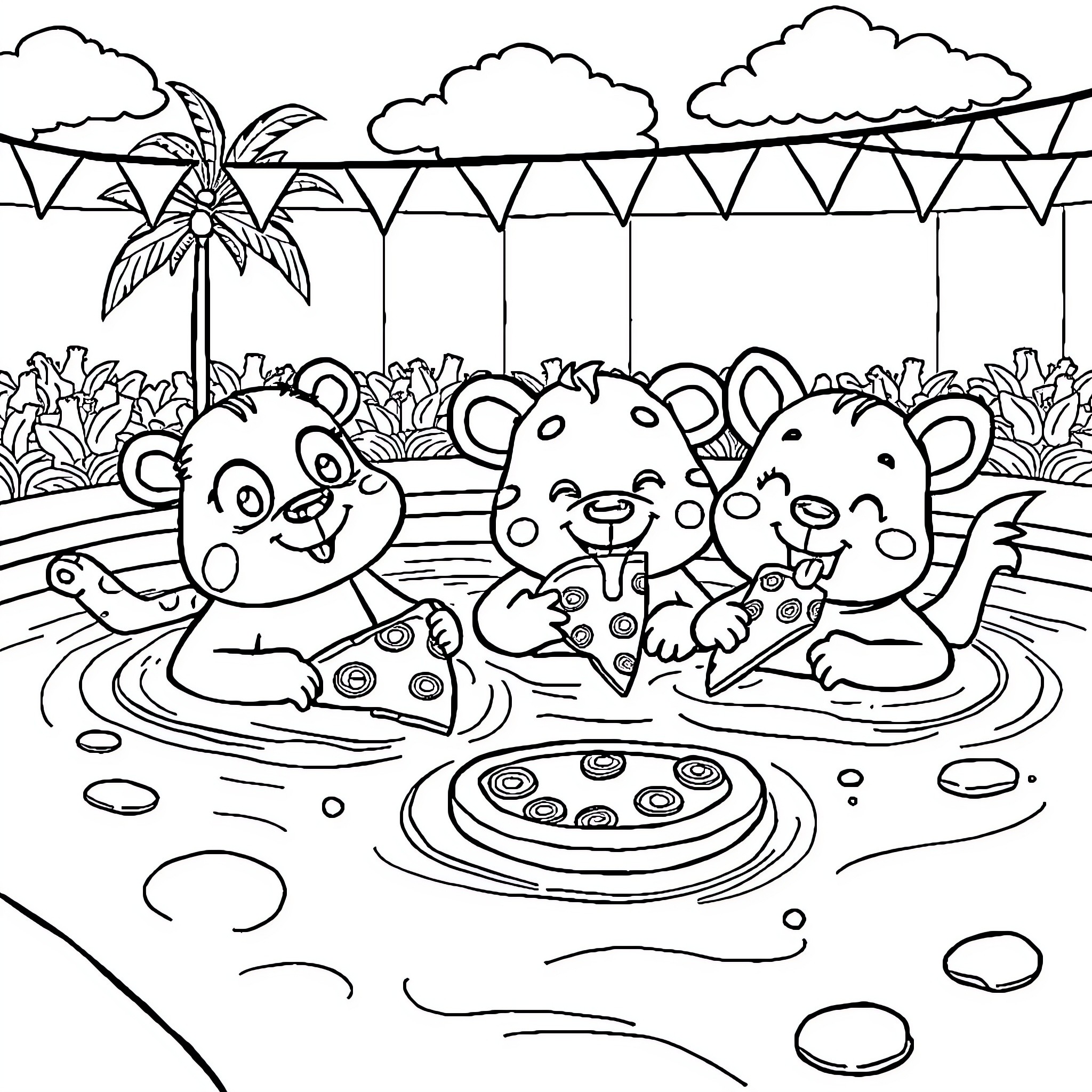 Animal friends having fun in the pool Coloring Page (free black-and-white line drawing printable PDF for all, from beginners to advanced learners, including children, teens, adults, and seniors)