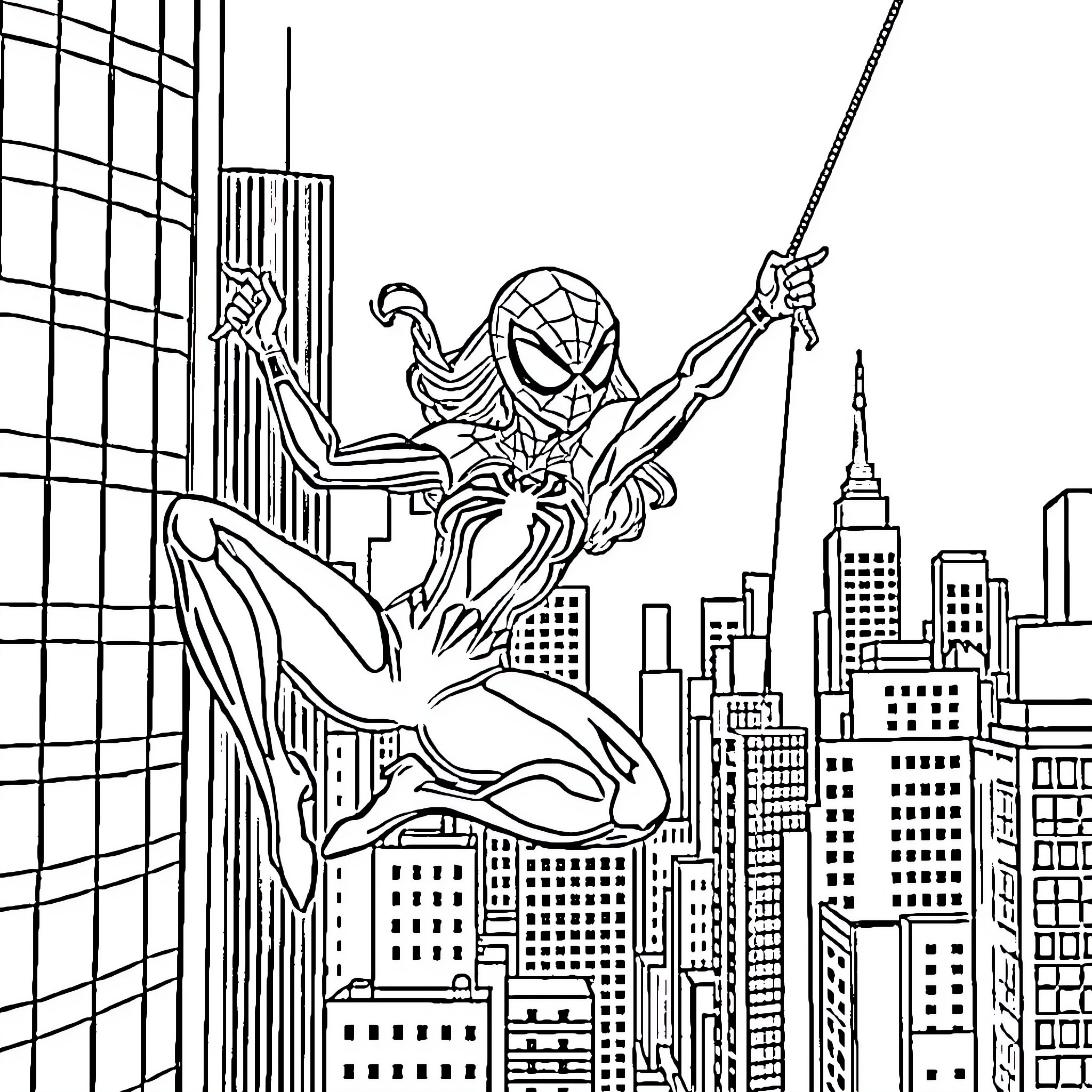 Spider Gwen swinging through the city skyline Coloring Page (free black-and-white line drawing printable PDF for all, from beginners to advanced learners, including children, teens, adults, and seniors)