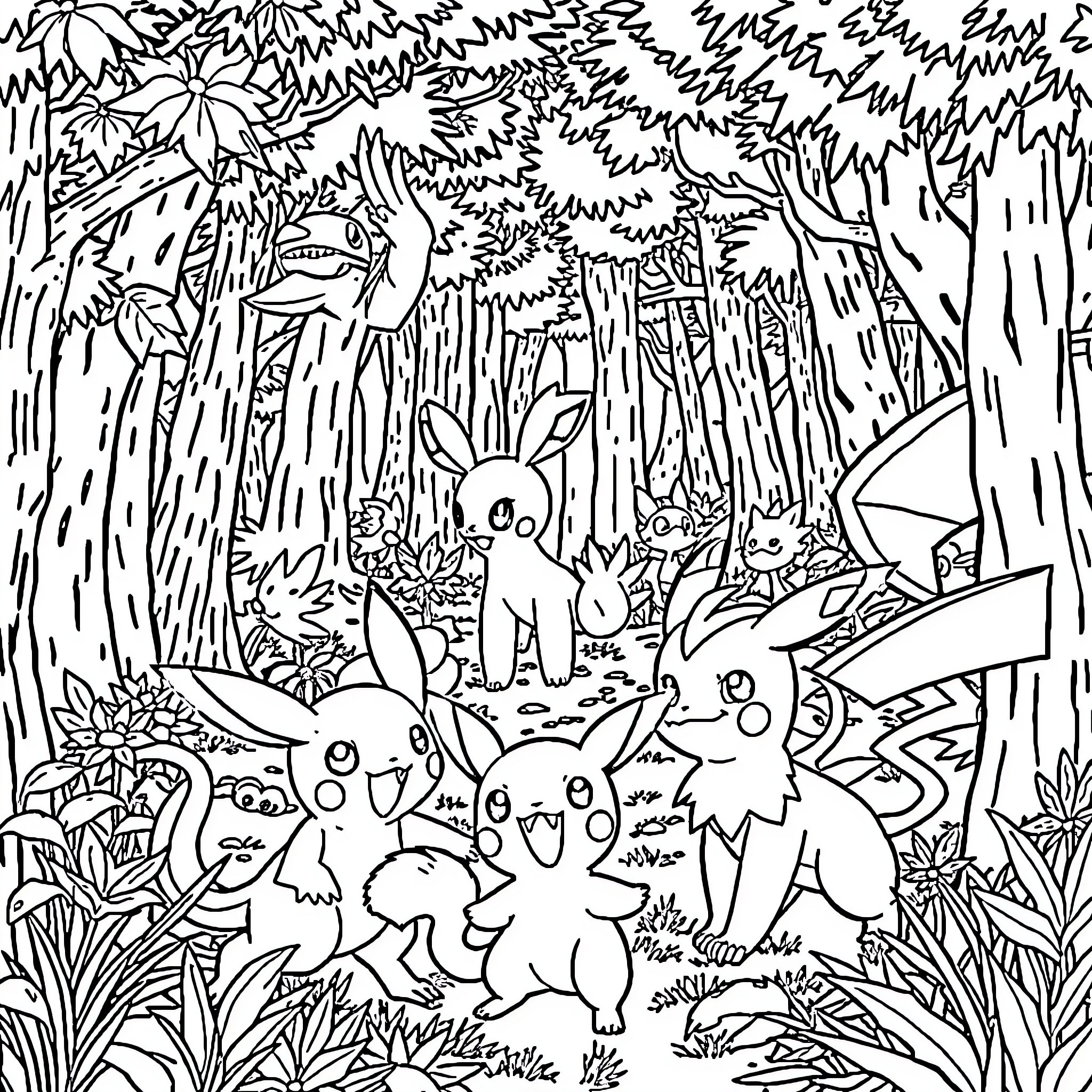 Pokémon enjoying a lively forest adventure Coloring Page (free black-and-white line drawing printable PDF for all, from beginners to advanced learners, including children, teens, adults, and seniors)