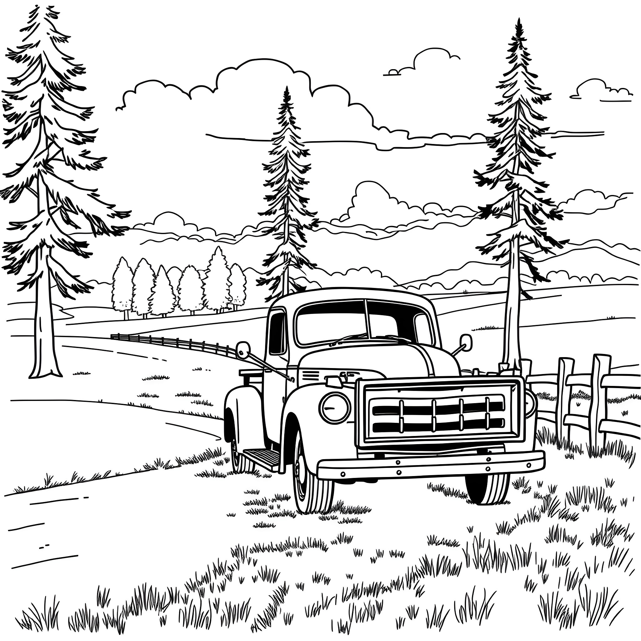 Truck parked in the rural countryside Coloring Page (free black-and-white line drawing printable PDF for all, from beginners to advanced learners, including children, teens, adults, and seniors)