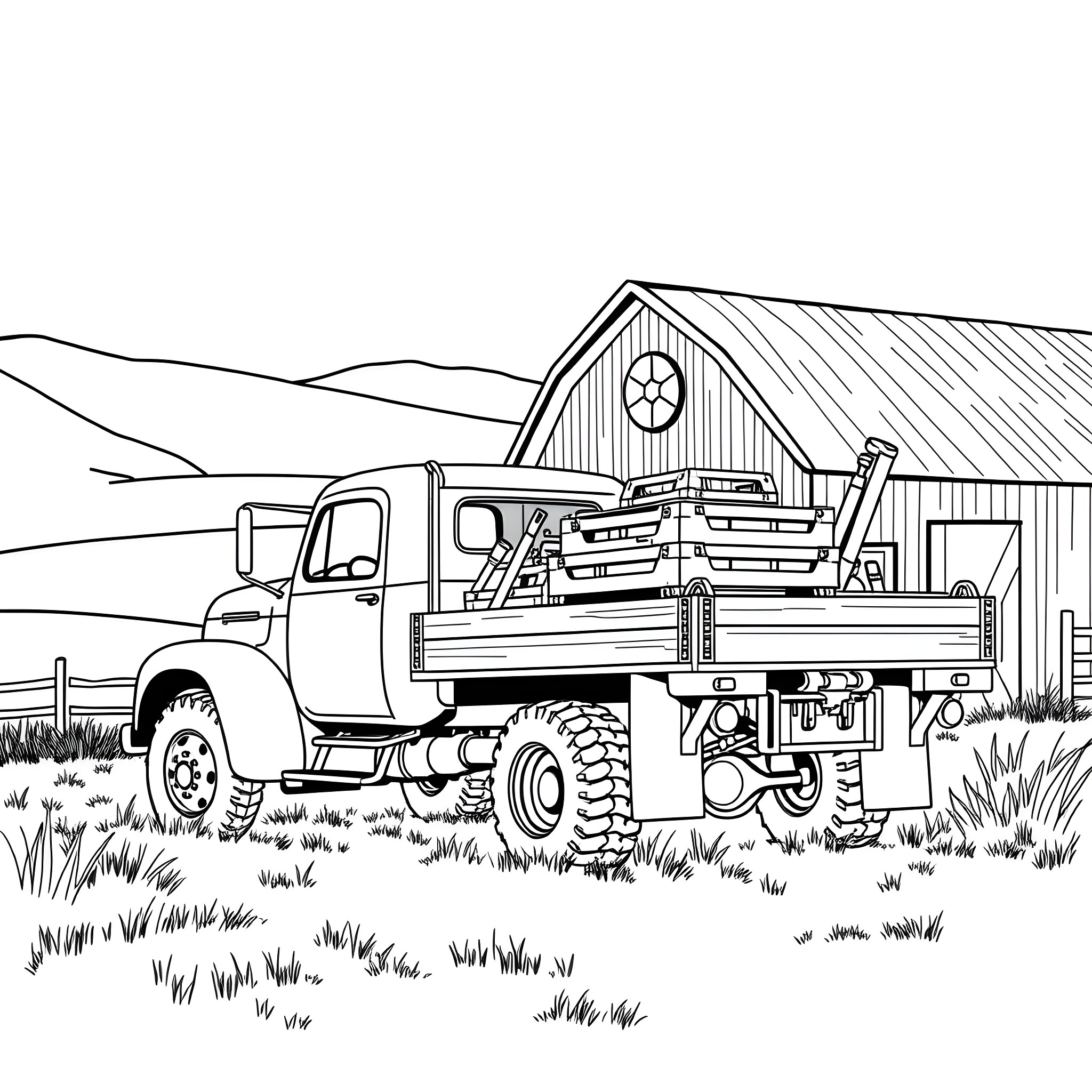 Flatbed truck delivering supplies to a rural farm Coloring Page (free black-and-white line drawing printable PDF for all, from beginners to advanced learners, including children, teens, adults, and seniors)