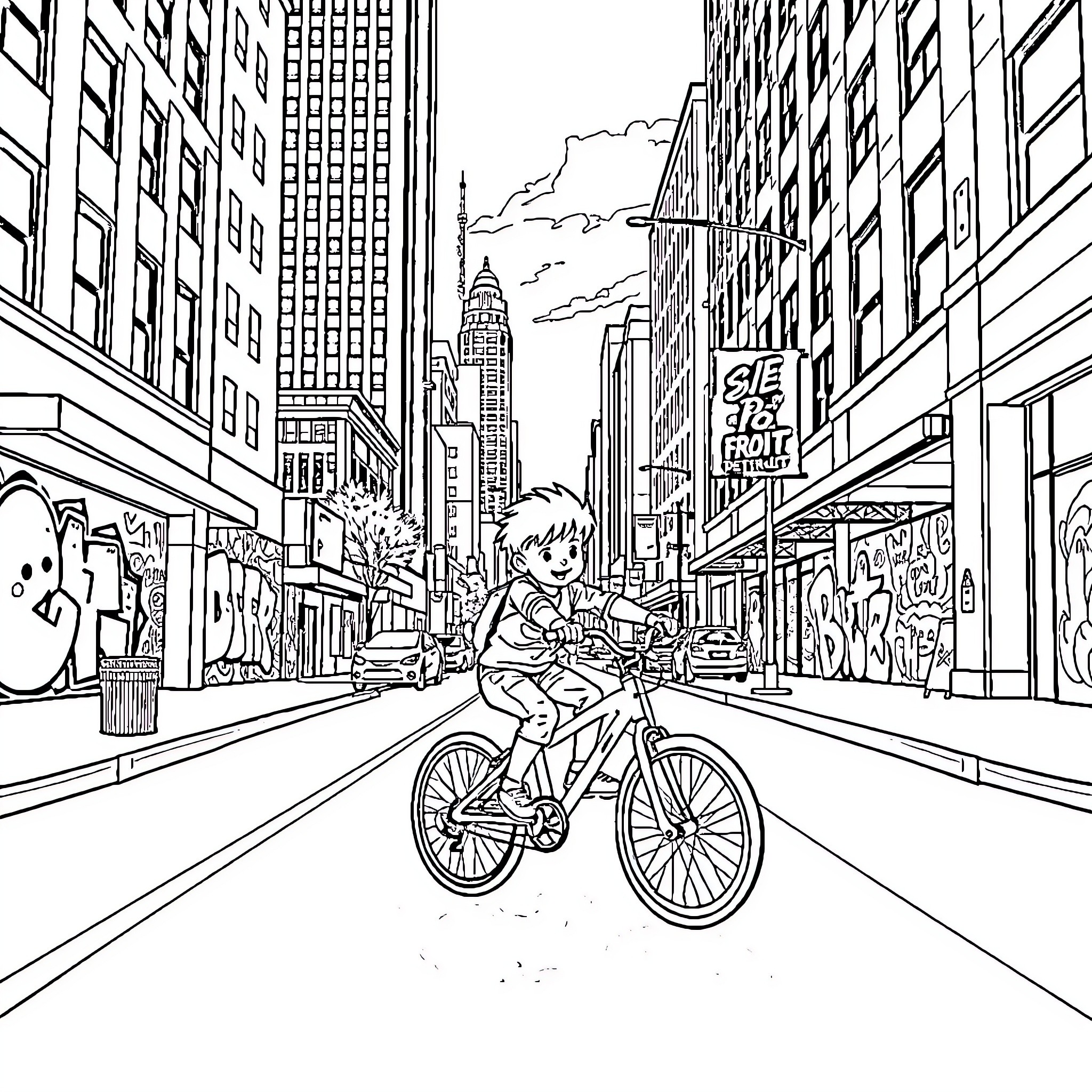 Kid riding bicycle through busy city street Coloring Page (free black-and-white line drawing printable PDF for all, from beginners to advanced learners, including children, teens, adults, and seniors)