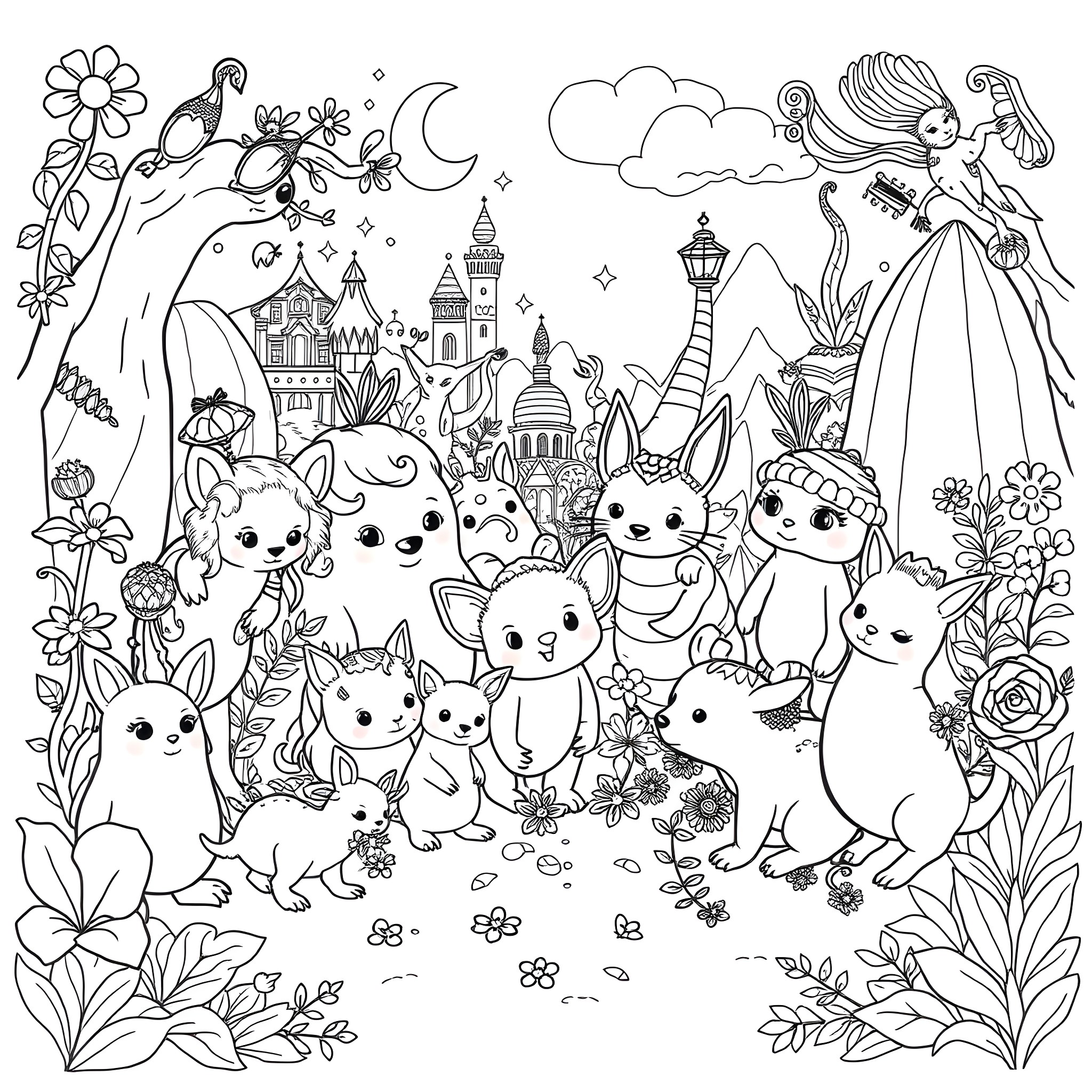 Babblarna having a magical adventure in a fantasy world Coloring Page (free black-and-white line drawing printable PDF for all, from beginners to advanced learners, including children, teens, adults, and seniors)