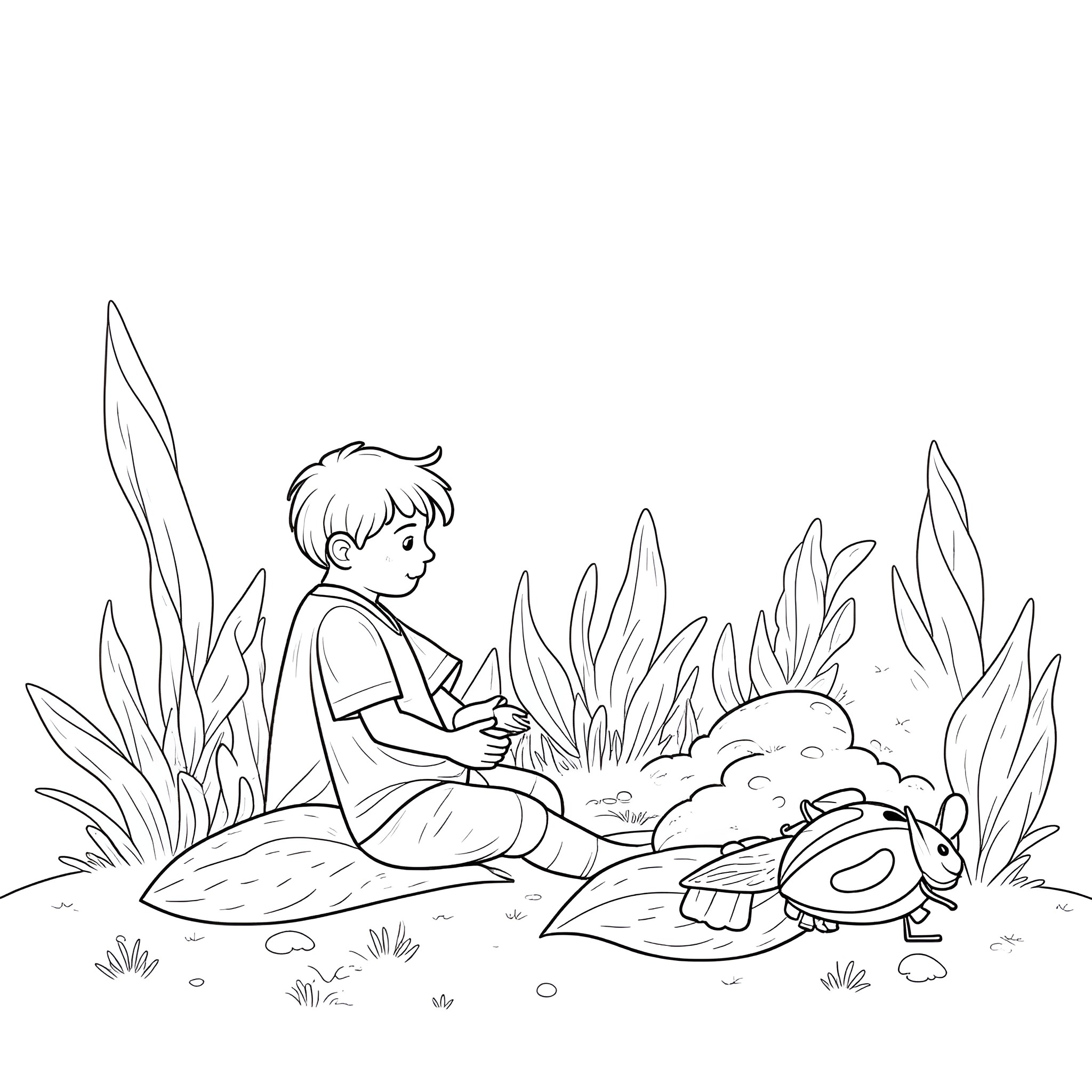 Ladybug playing with a boy in the garden Coloring Page (free black-and-white line drawing printable PDF for all, from beginners to advanced learners, including children, teens, adults, and seniors)