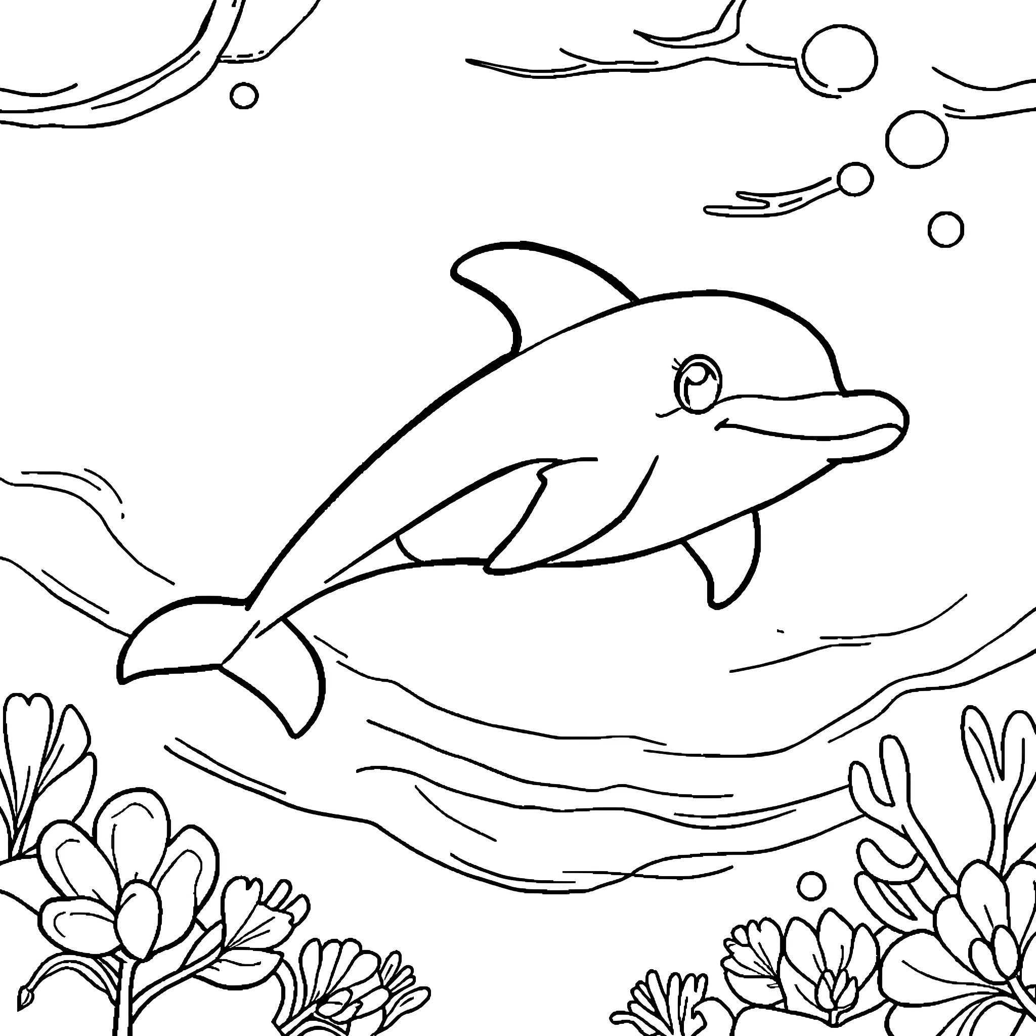 Dolphin swimming gracefully in the ocean Coloring Page (free black-and-white line drawing printable PDF for all, from beginners to advanced learners, including children, teens, adults, and seniors)