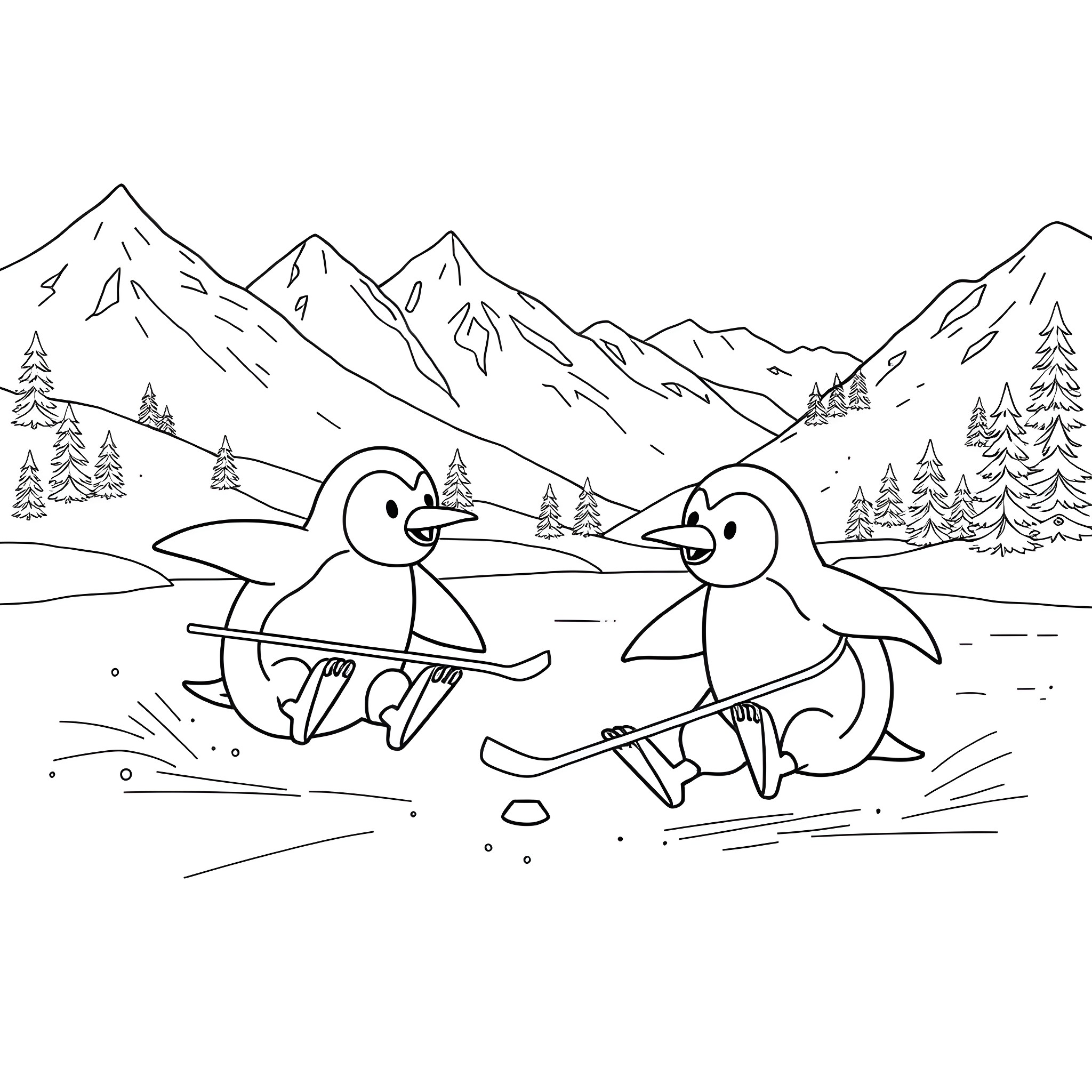 Penguin friends having fun on the snowy mountain Coloring Page (free black-and-white line drawing printable PDF for all, from beginners to advanced learners, including children, teens, adults, and seniors)