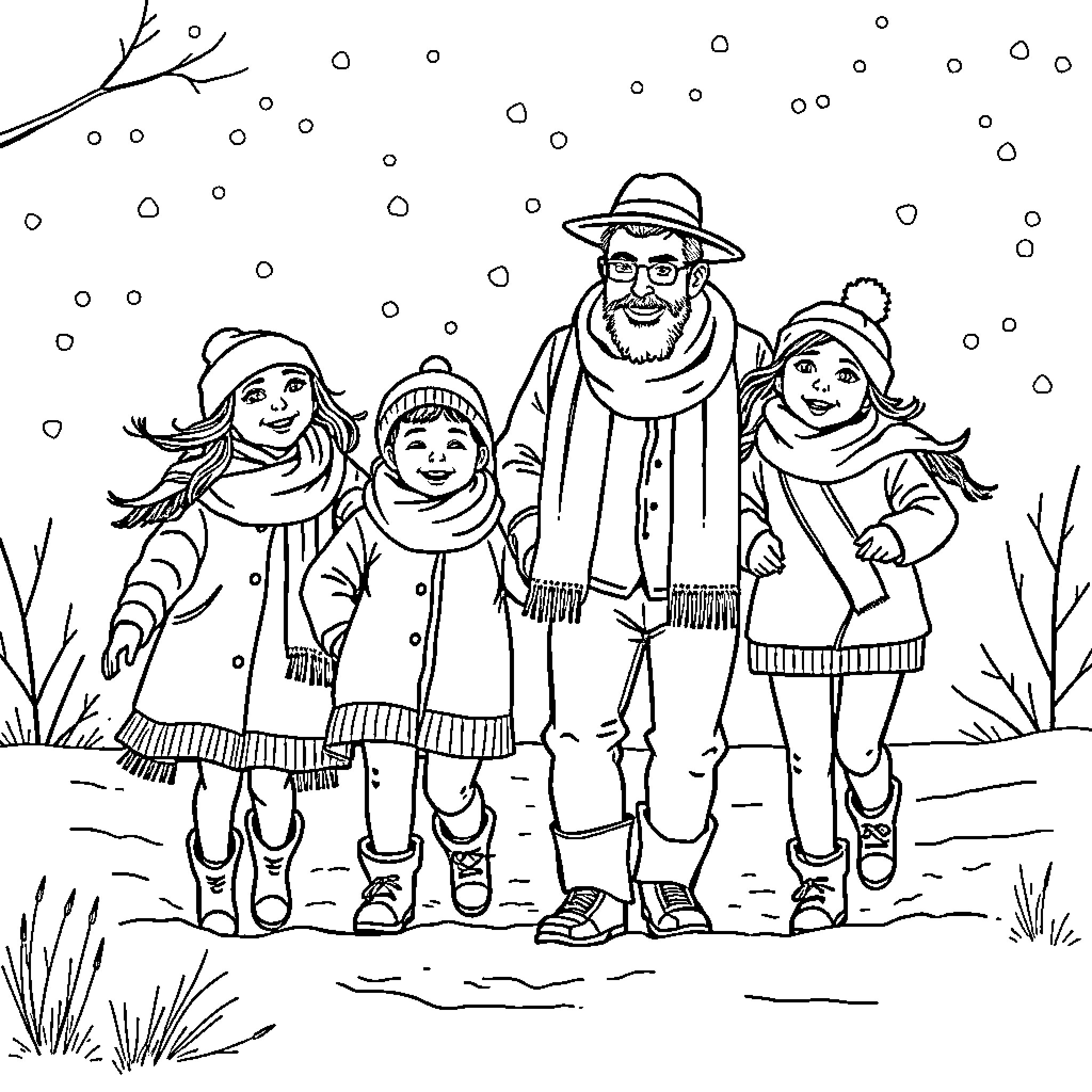 Family enjoying winter outdoors together Coloring Page (free black-and-white line drawing printable PDF for all, from beginners to advanced learners, including children, teens, adults, and seniors)