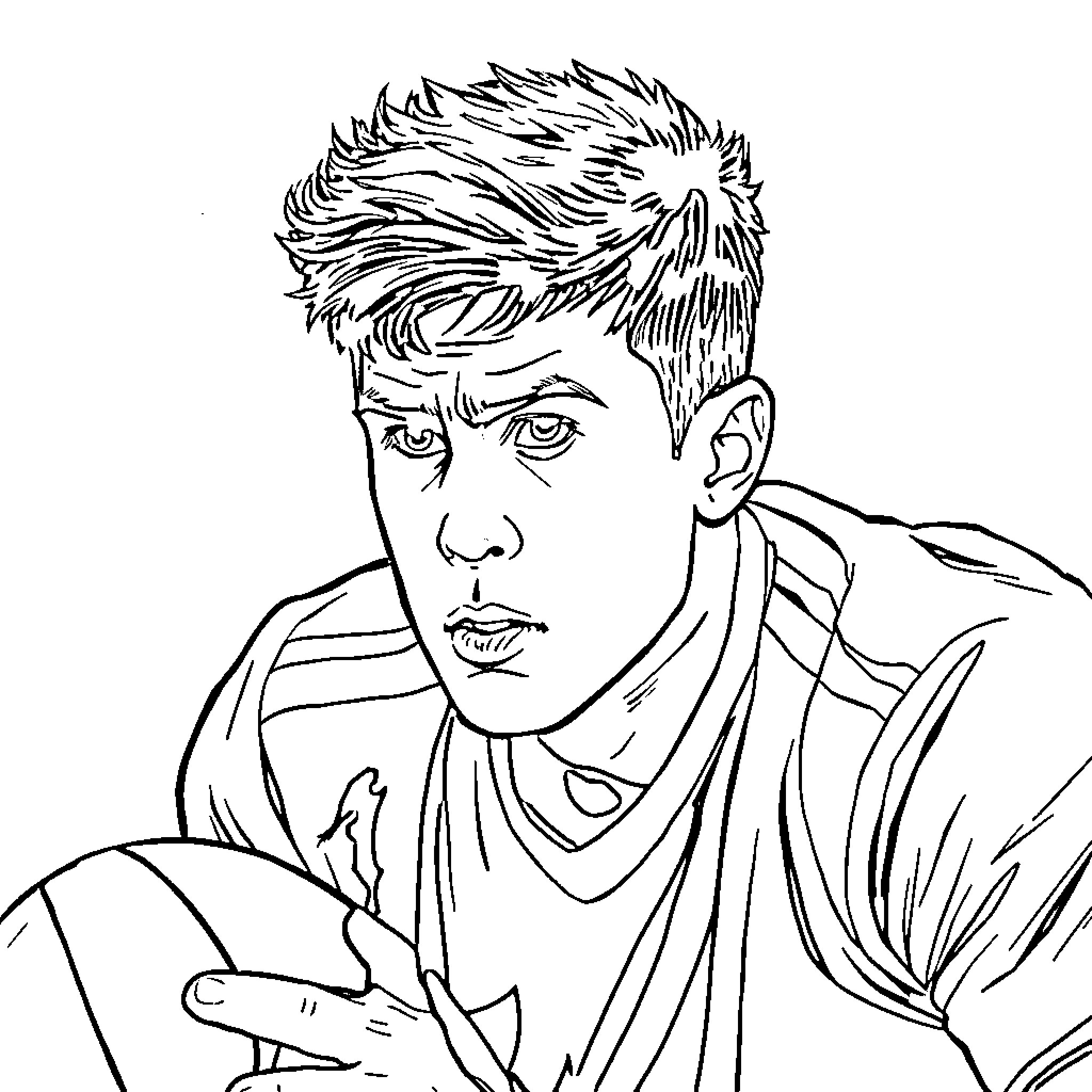 Alex's Expressive Portrait with Distinctive Hairstyle Coloring Page (free black-and-white line drawing printable PDF for all, from beginners to advanced learners, including children, teens, adults, and seniors)